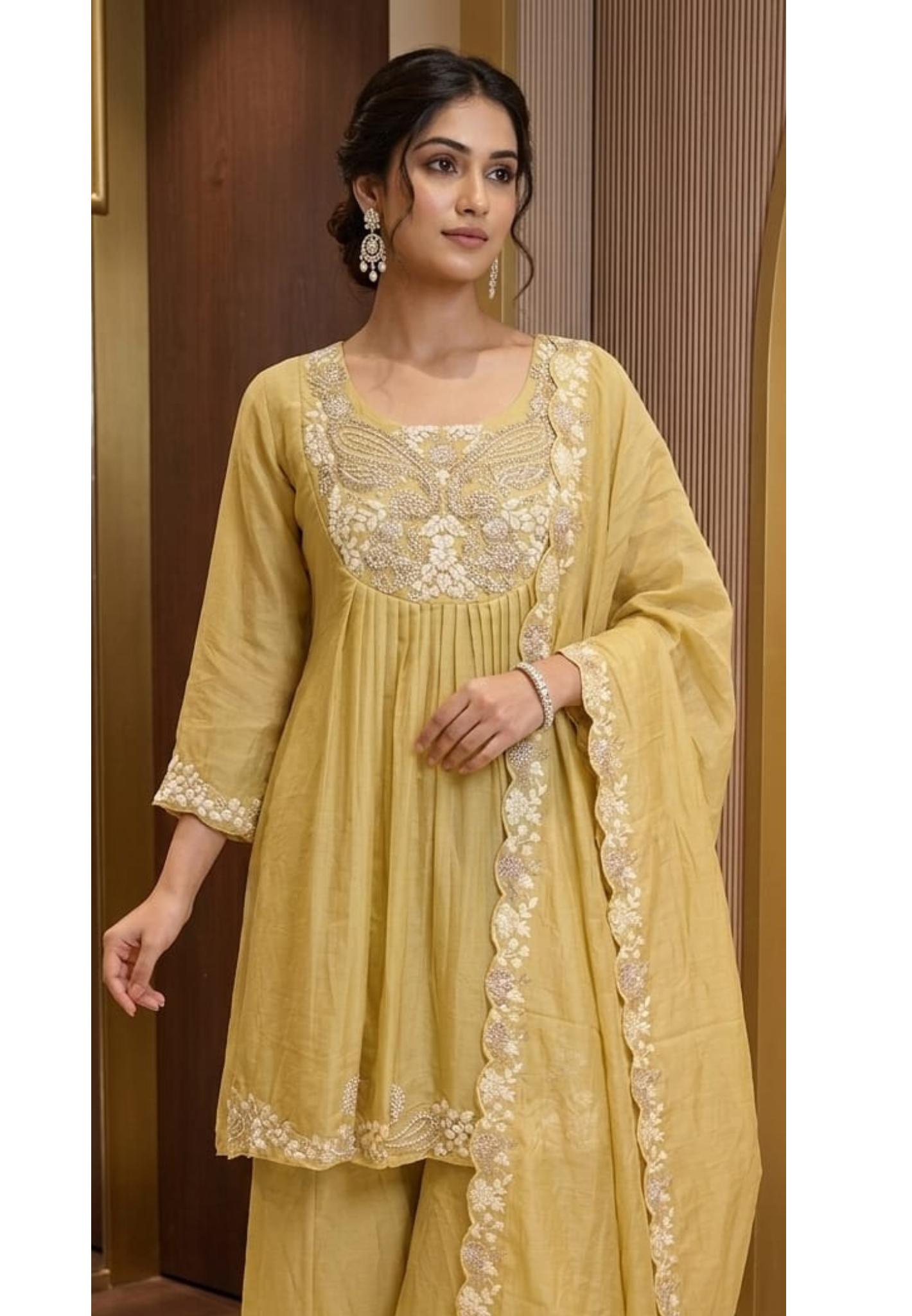 Zardosi Rich Look Yoke Suttle Short Length A-Line Full Suit Set With Loose Bottom In Mul Chanderi Fabric- 13722