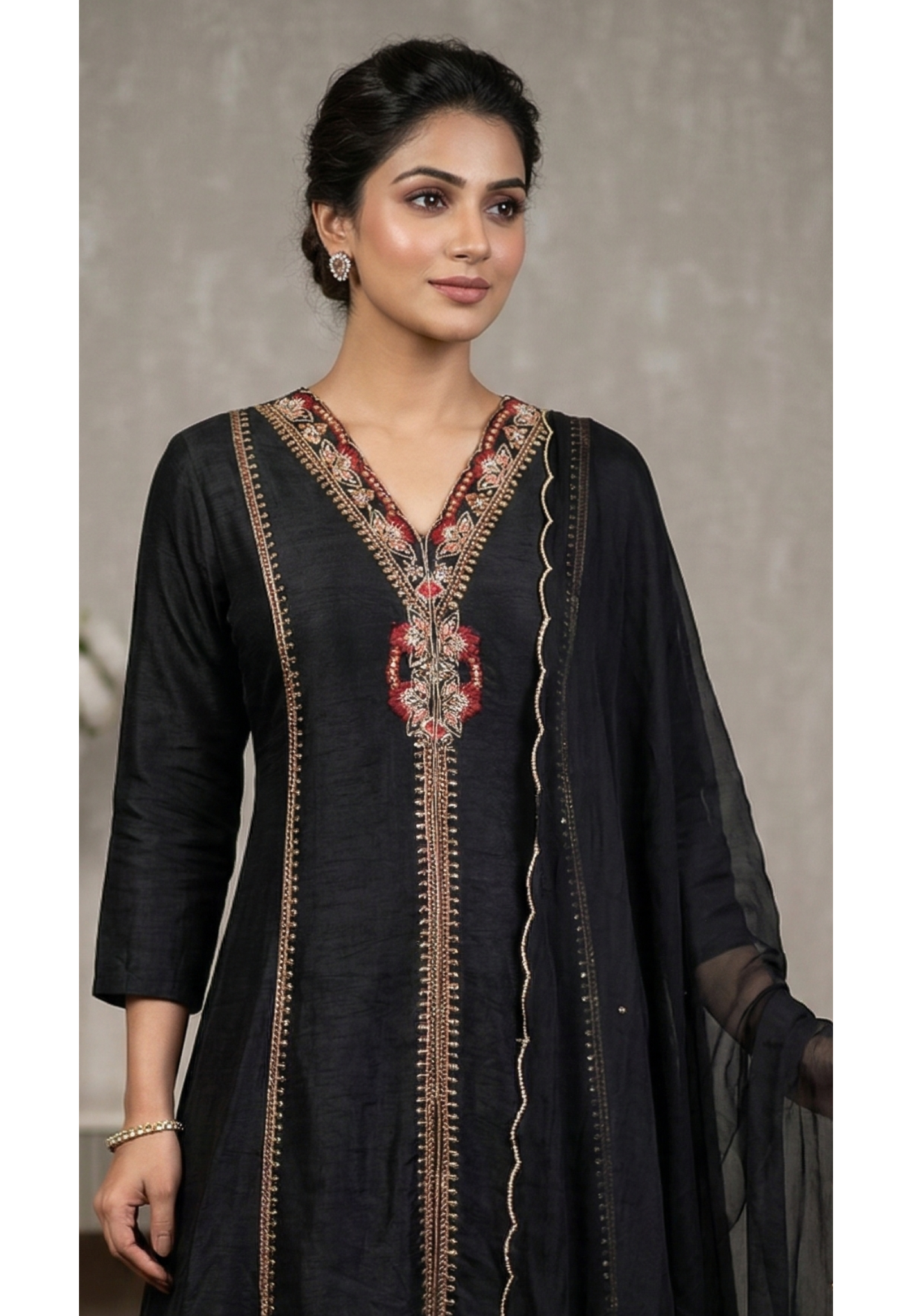 Designer Dola Silk A-Line Kurta–Palazzo Set With Front Slit Featuring Detailed Hand Embroidery and  Dupatta DRYWASH