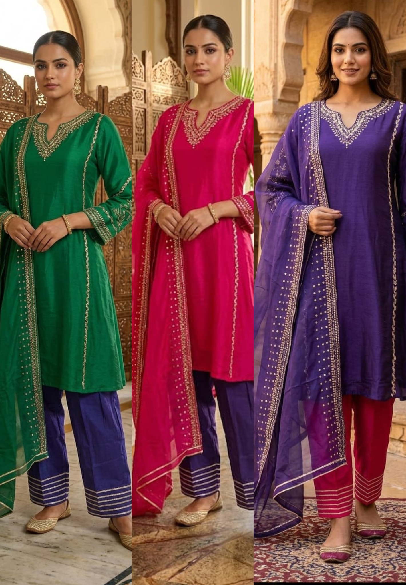 Tiny Sequin Detailing Hand Worked Contrast Mix Vibrant A-Line Full Suit Set With Dupatta In Russian Silk Fabric- 13808