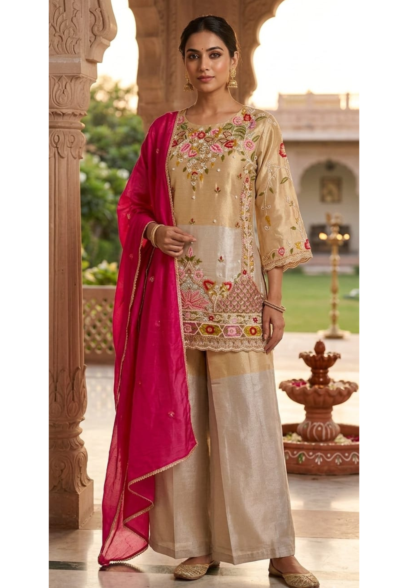 Grand Floral Blossom Intricate Thread Embroidery With Stone Upwork Classic Tale Heavy Full Suit Set With Dupatta In Tissue Fabric- 13811