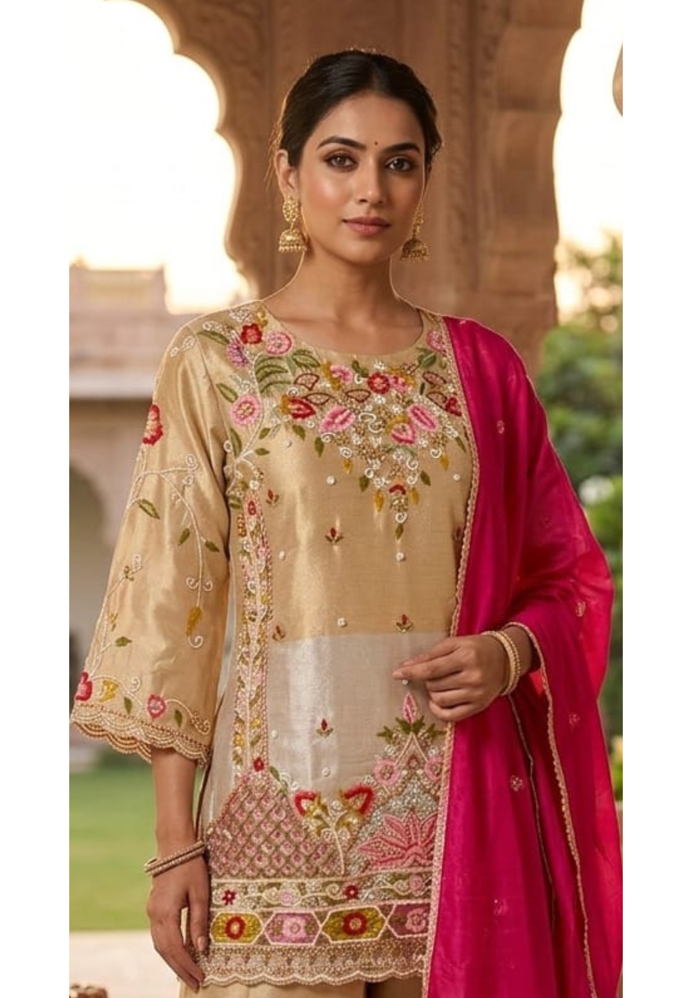 Grand Floral Blossom Intricate Thread Embroidery With Stone Upwork Classic Tale Heavy Full Suit Set With Dupatta In Tissue Fabric- 13811