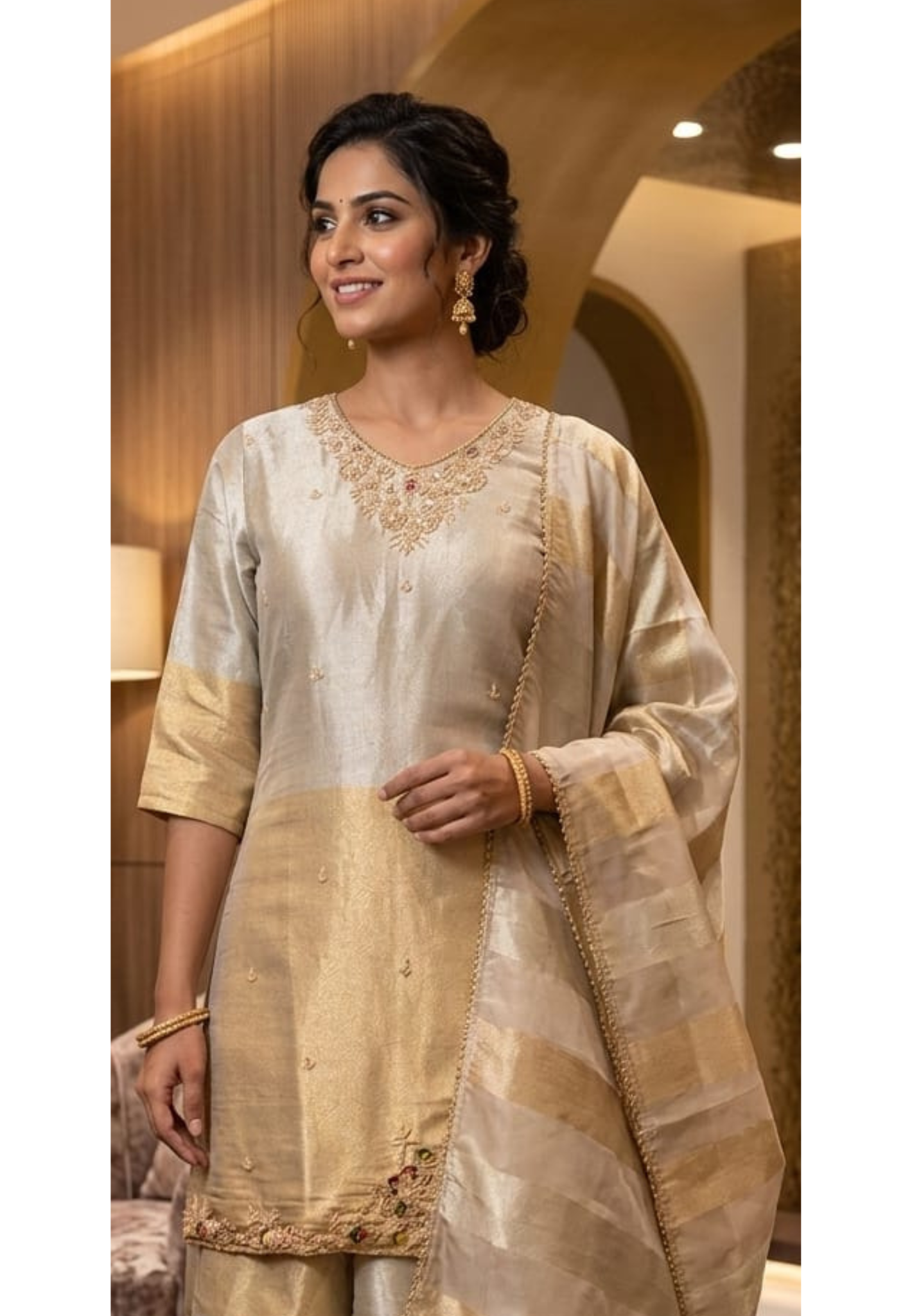 Dual Tone Shiny Premium Tissue Elegance Suttle Embroidery Work Kurta With Skirt Bottom & Dupatta- 13750