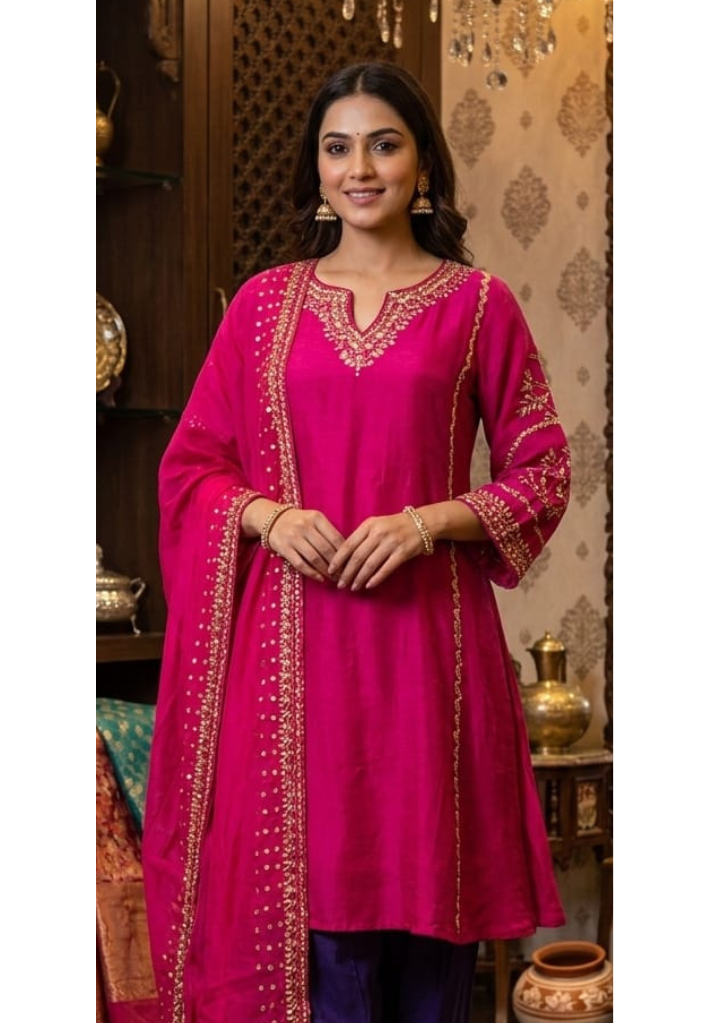 Tiny Sequin Detailing Hand Worked Contrast Mix Vibrant A-Line Full Suit Set With Dupatta In Russian Silk Fabric- 13808