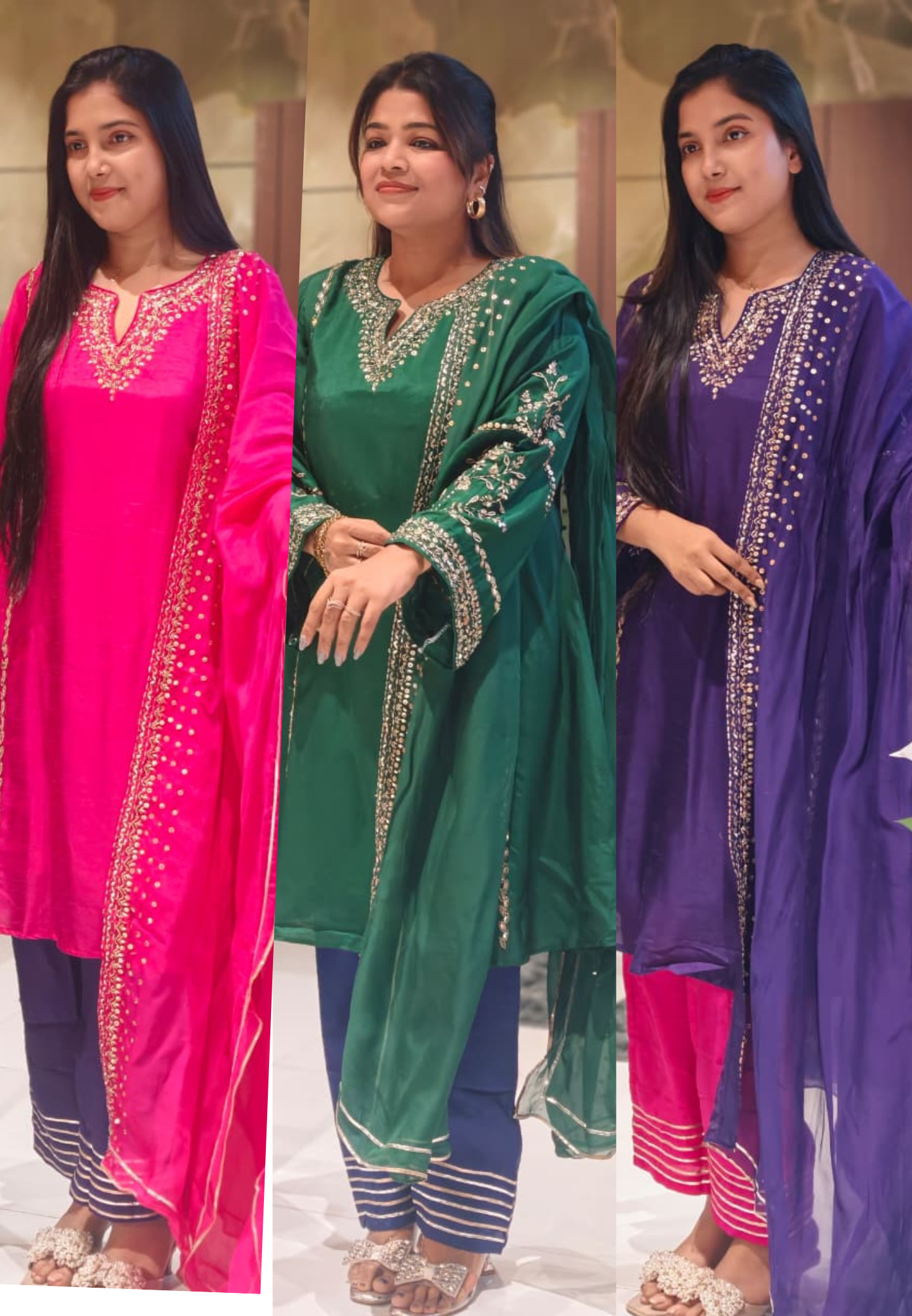 Tiny Sequin Detailing Hand Worked Contrast Mix Vibrant A-Line Full Suit Set With Dupatta In Russian Silk Fabric- 13808