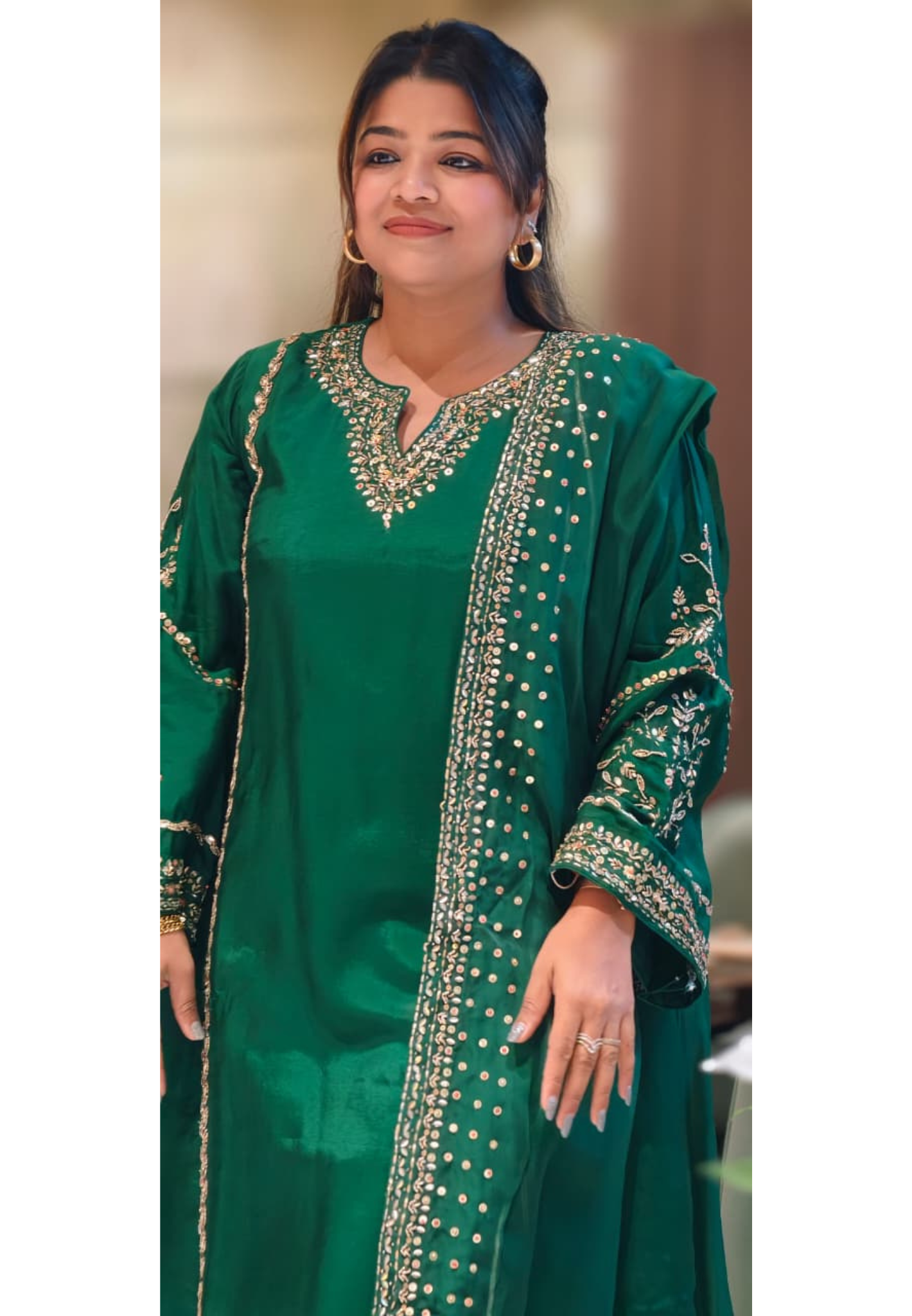 Tiny Sequin Detailing Hand Worked Contrast Mix Vibrant A-Line Full Suit Set With Dupatta In Russian Silk Fabric- 13808