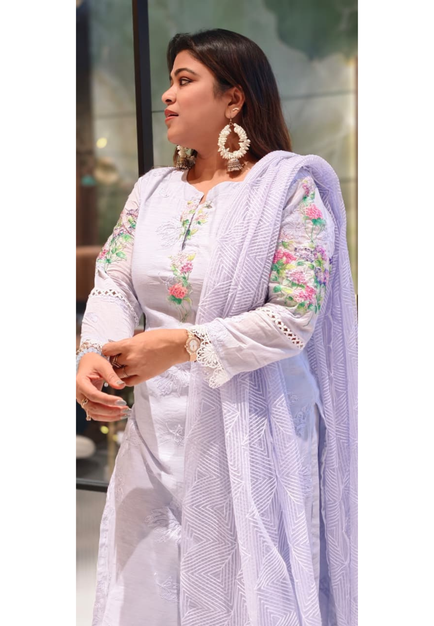 3D Floral Appliqués On Shoulder & Front Sheer Thread Embroidered Full Suit Set With Dupatta- 13681