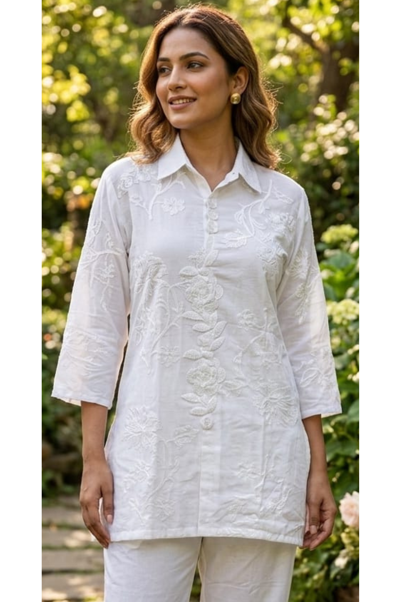 Pearl White Floral Embroidered Premium Cotton Co-Ord Set With Tiny Pearl & Sequin Placket- 13829