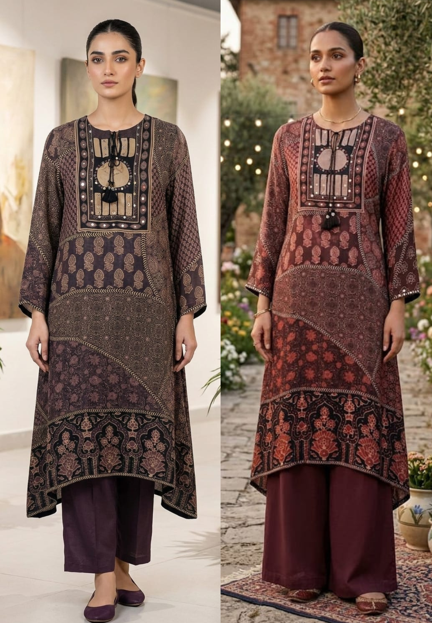 Ajrakh Multi Prints Ethnic Wear A-Line Kurta Pant Set In Pure Crepe Fabric-13753