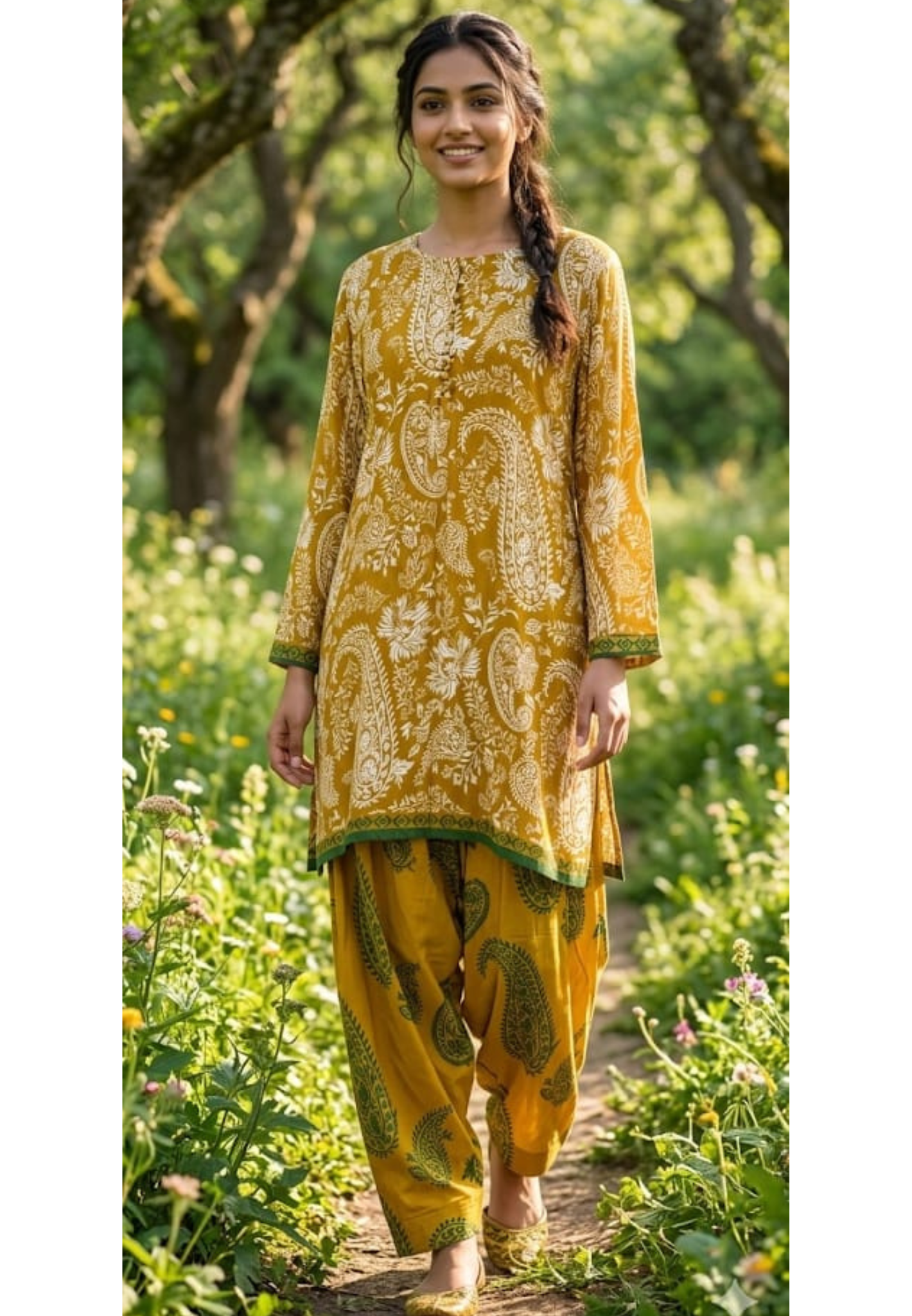 Graceful Mustard Mango Buti Printed Farsi Bottom Co-Ord Set In Modal Satin Fabric- 13799
