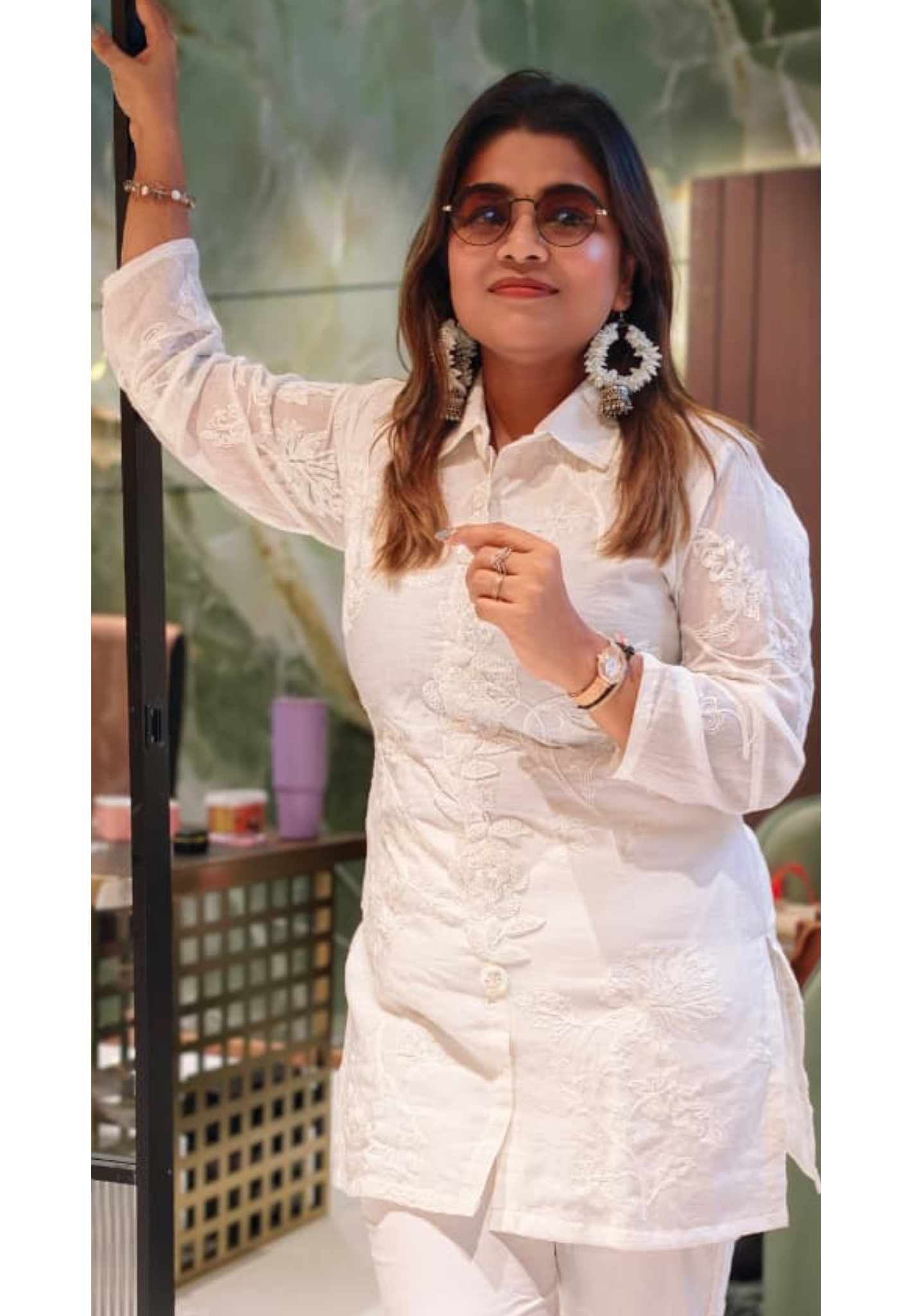 Pearl White Floral Embroidered Premium Cotton Co-Ord Set With Tiny Pearl & Sequin Placket- 13829