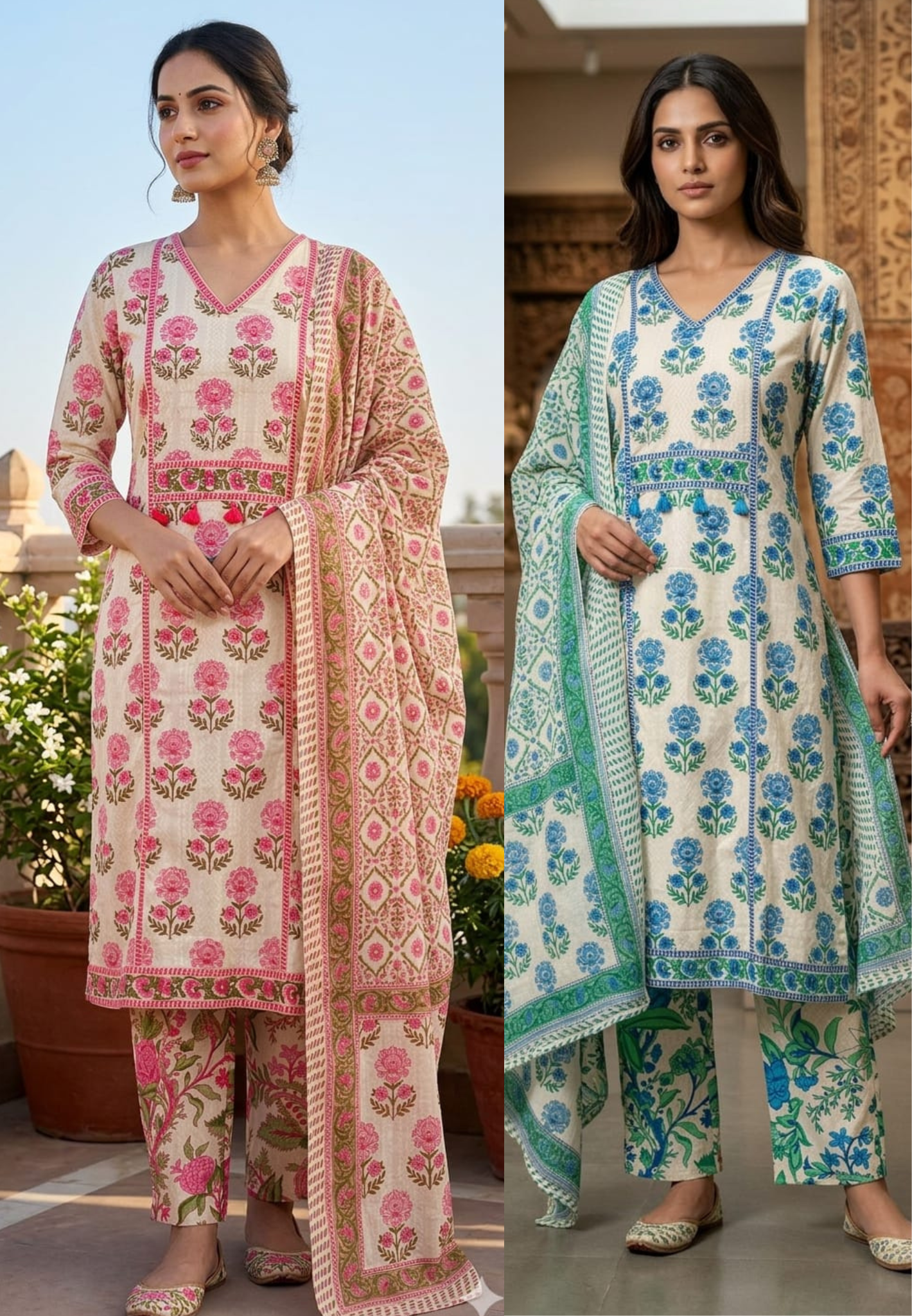 Summer Cotton Block Print With little embroidered Full Suit Set 13621