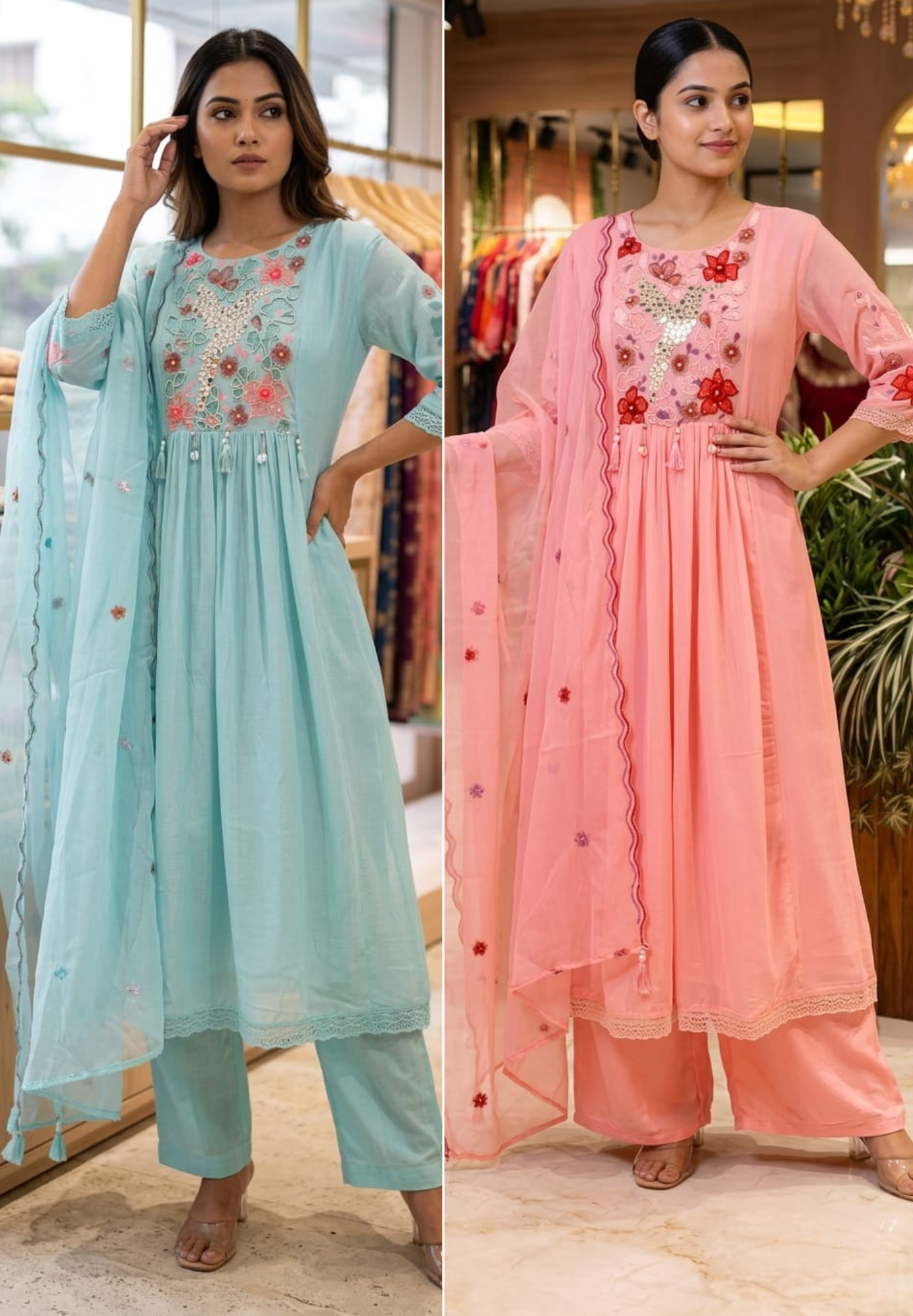 Beautiful Colors Crush Cotton Embroidered Yoke Aline Full Suit Set Polly Organza  Dupatta  13838