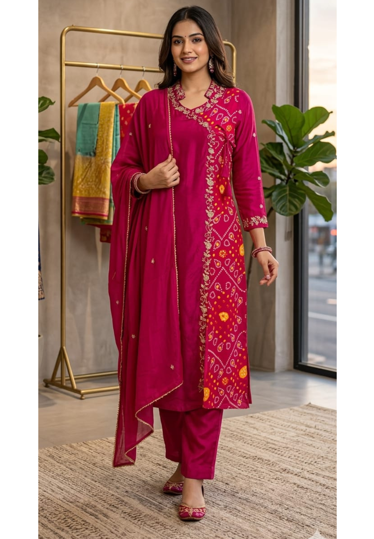 Dola Silk Rani Pink Ethnic Suit Set With Floral Embroidered Neckline Bhandhani Print Angrakha Pattern Full Suit Set 13854