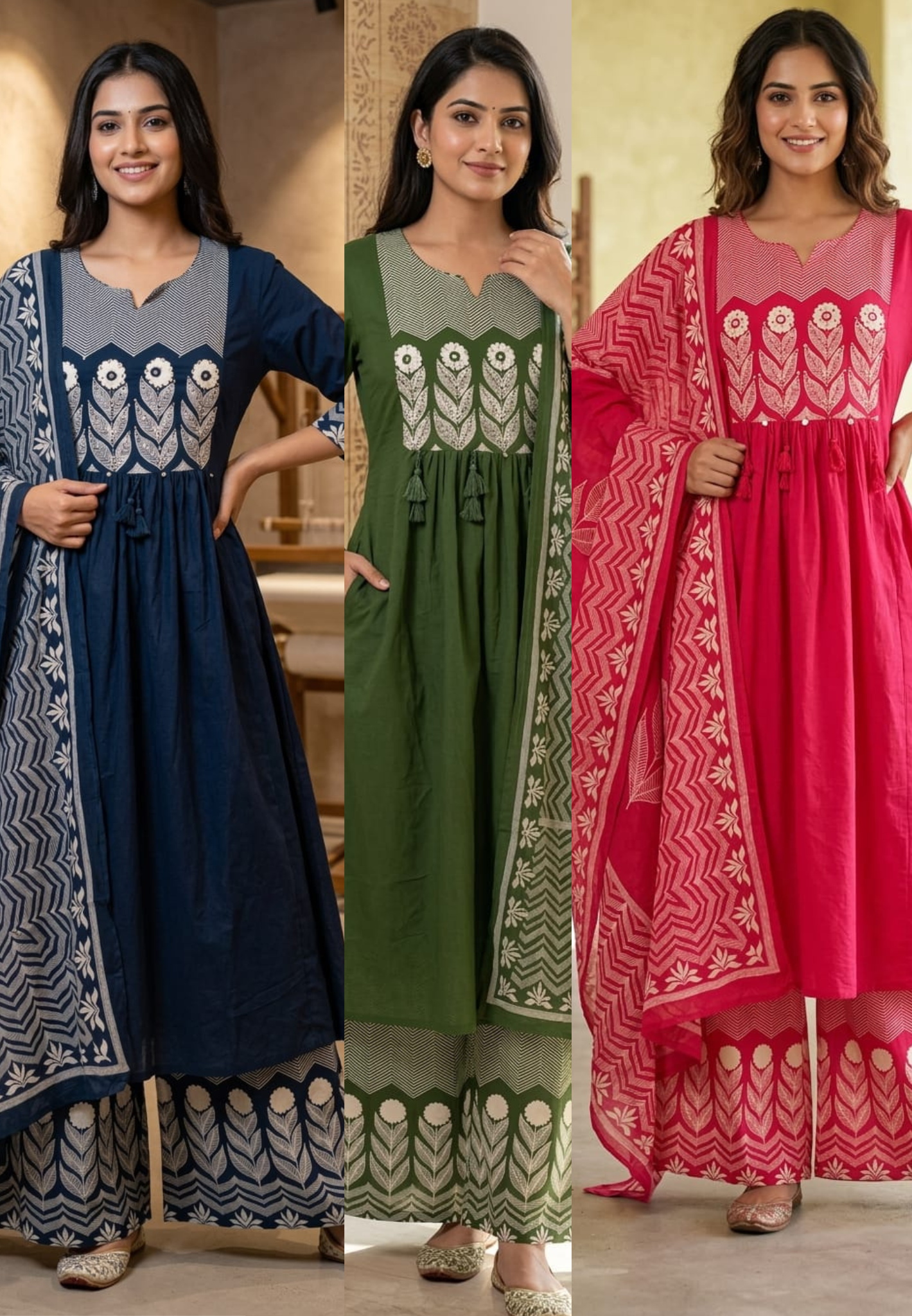 Premium Cotton Embroidered Aline Kurta With Bottom And Dupatta 13840
