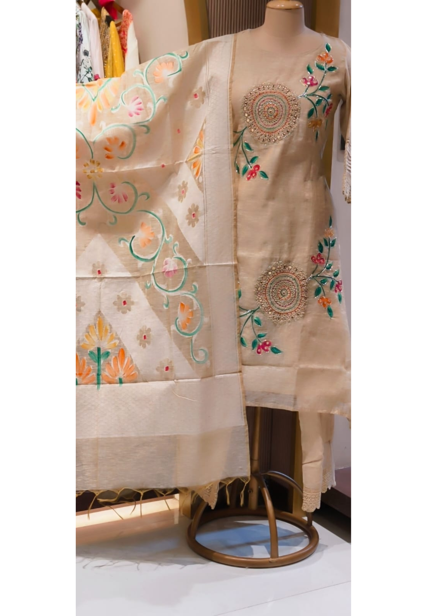 Rounded lilen Jute Fabric Look Thread Embroidery Work With Floral Printed A-Line Full Suit Set With Dupatta- 13817
