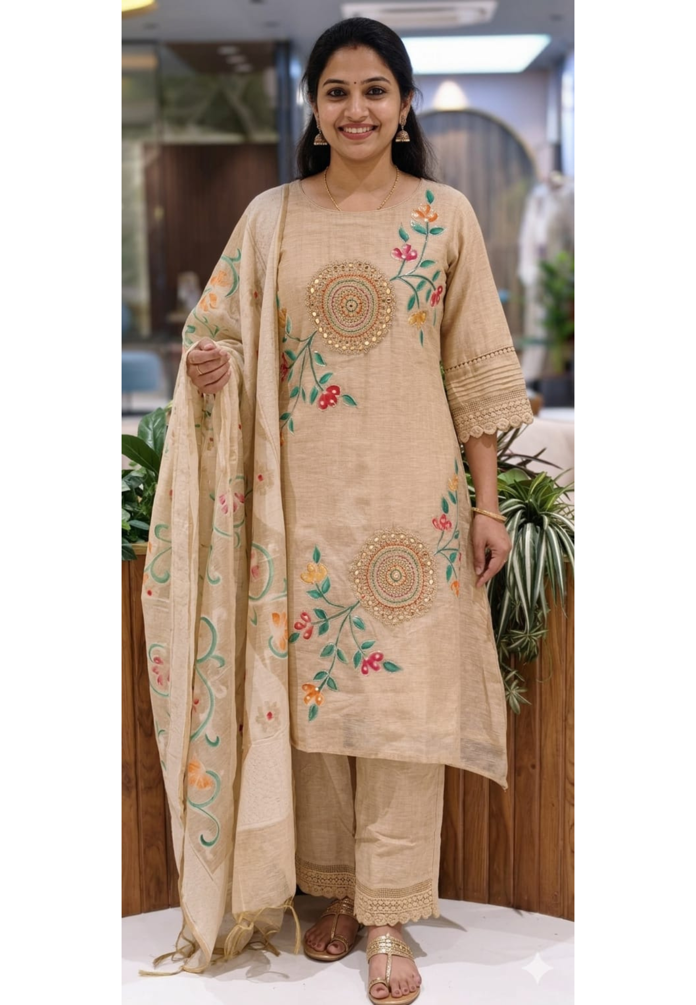 Rounded lilen Jute Fabric Look Thread Embroidery Work With Floral Printed A-Line Full Suit Set With Dupatta- 13817