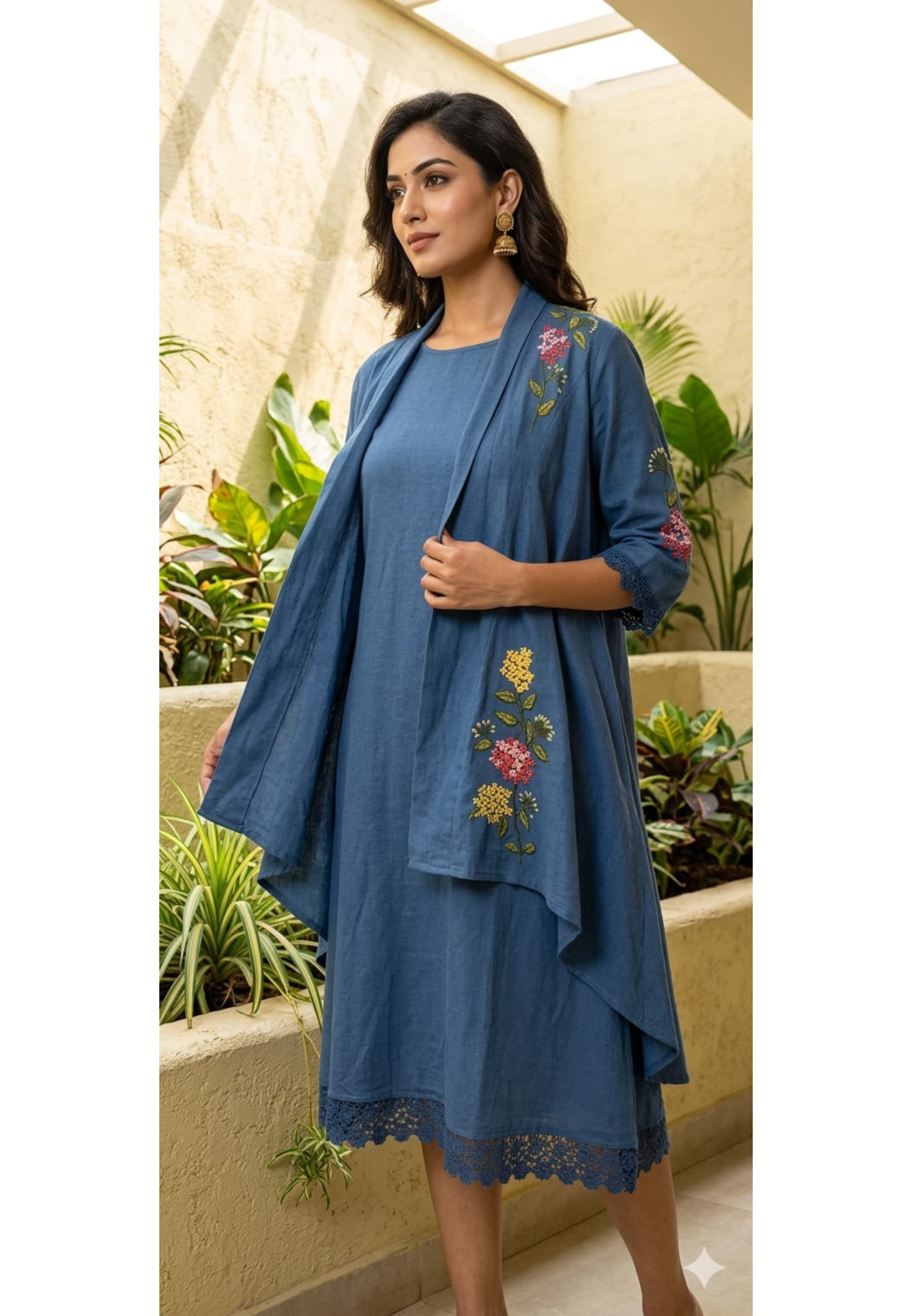 Stylish Denim Style Blue Cotton Indowestern Kurti with Embroidered Jacket and Intricate lace Hemline 13850