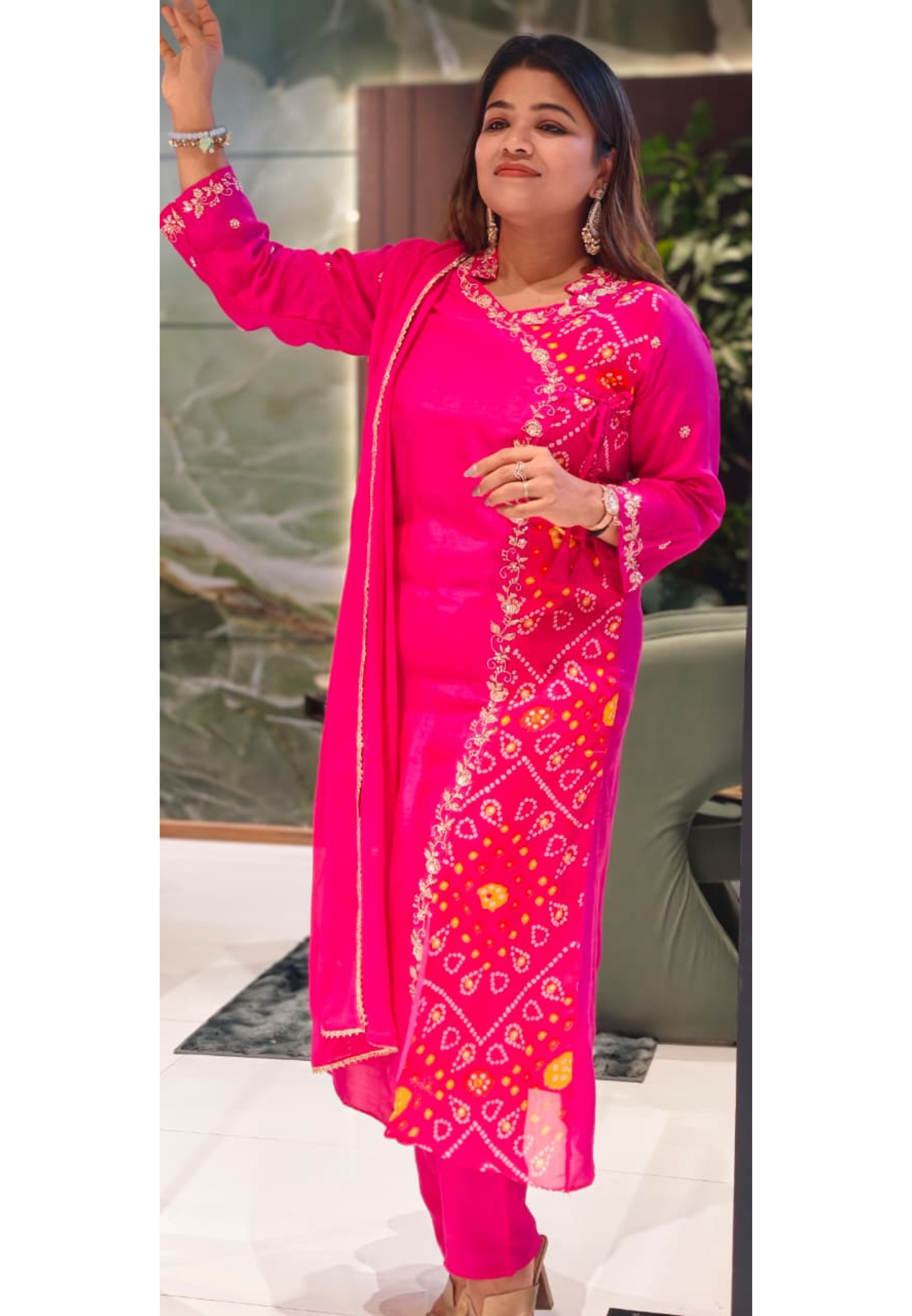Dola Silk Rani Pink Ethnic Suit Set With Floral Embroidered Neckline Bhandhani Print Angrakha Pattern Full Suit Set 13854