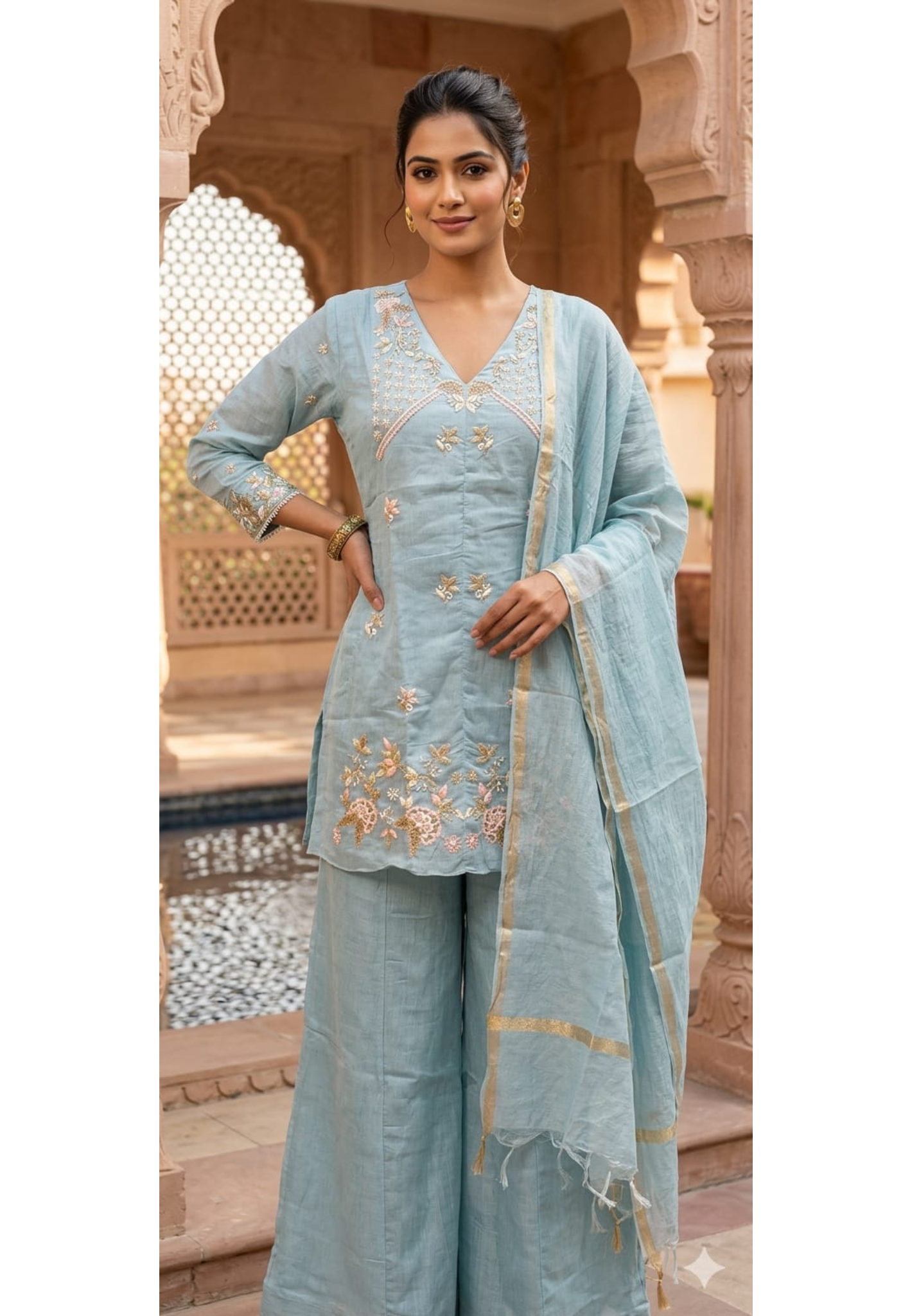 Royal Short Aline style Mulchanderi Embroidered Kurta Pant Set -13859
