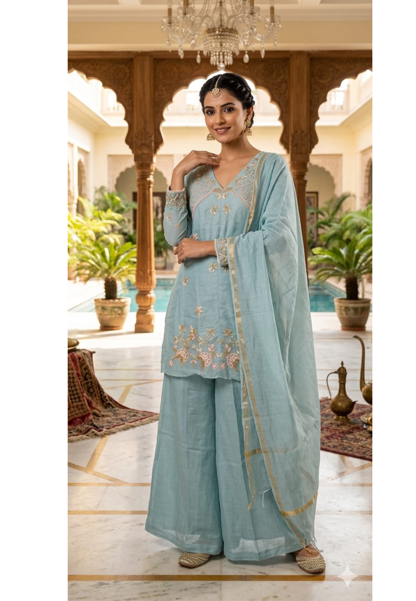 Royal Short Aline style Mulchanderi Embroidered Kurta Pant Set -13859
