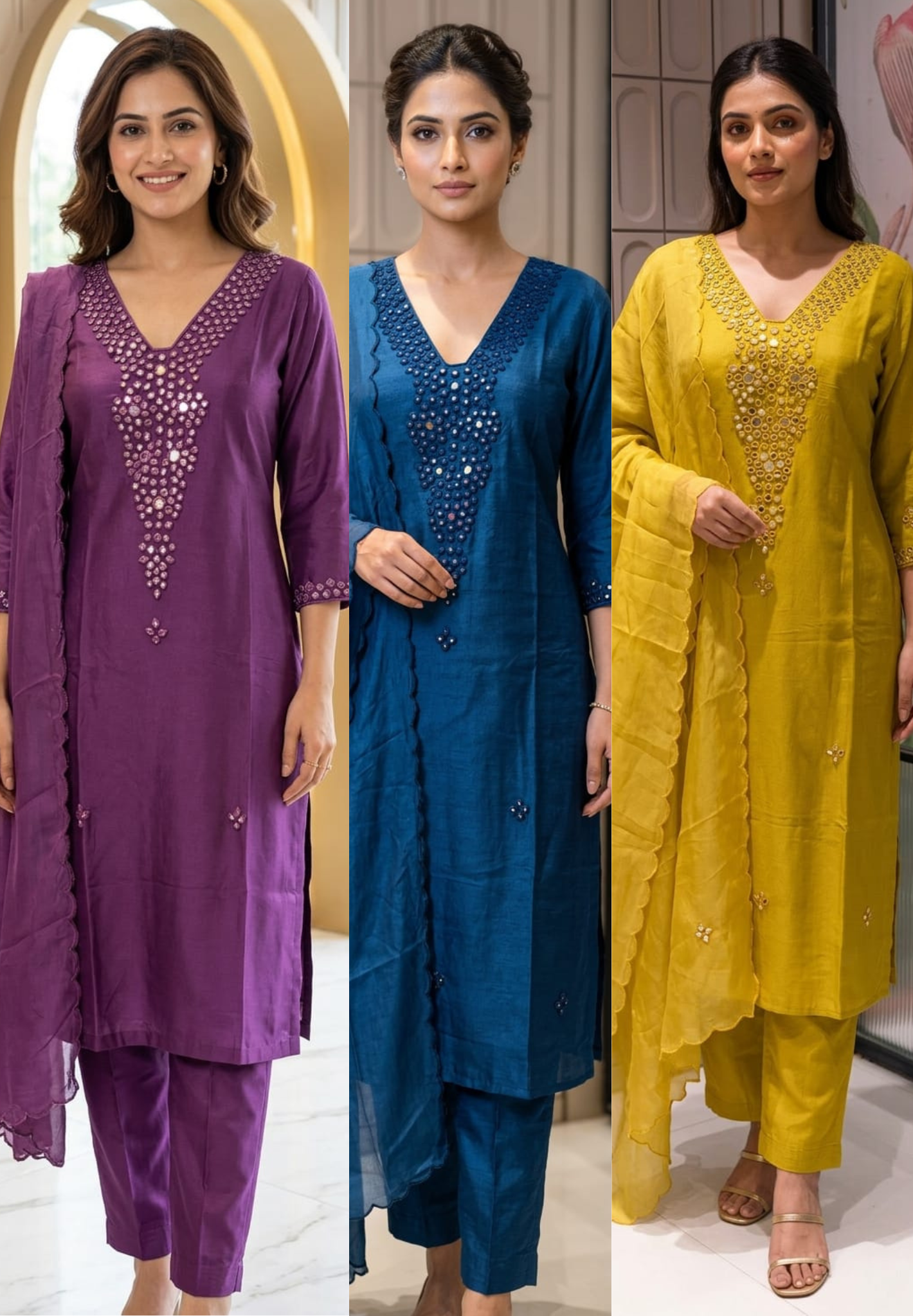 Royal Solid Shade  Dola Silk  Mirror Embroidered Aline Full Suit  Set 13807