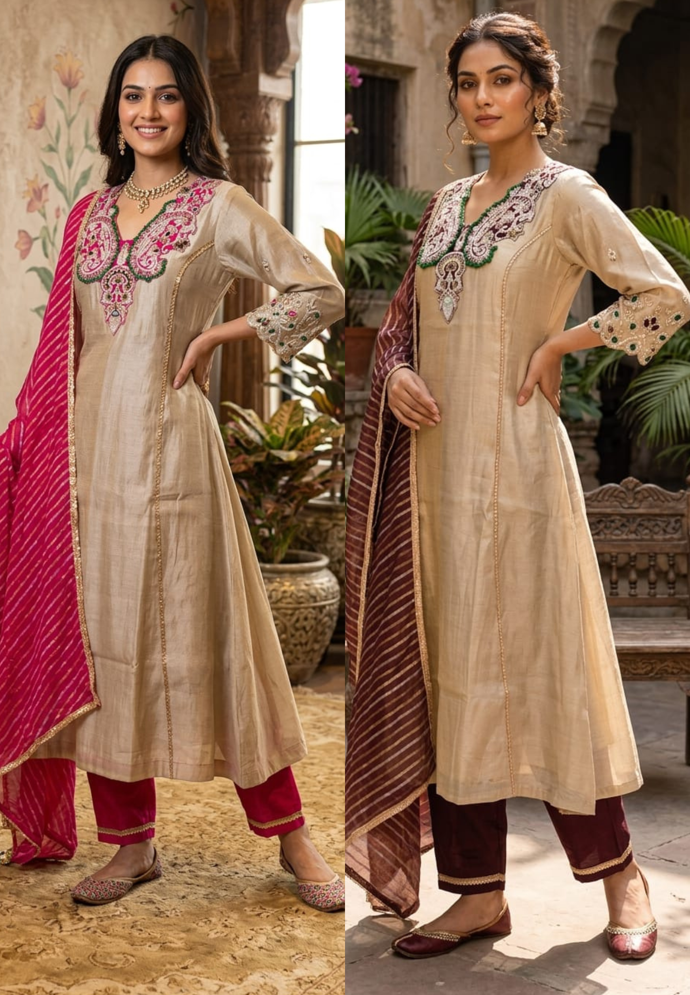 Luxury Designer Tissue Kurta Set with Hand Embellished Zari & Stone Work Neckline and Contrast  Dupatta-13809