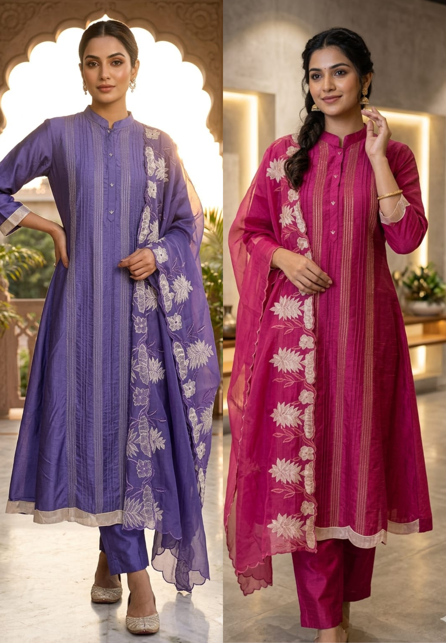 Elegant Silk Kurta full Set with Pintuck Detailing and Embroidered Sleeves with Organza Dupatta
