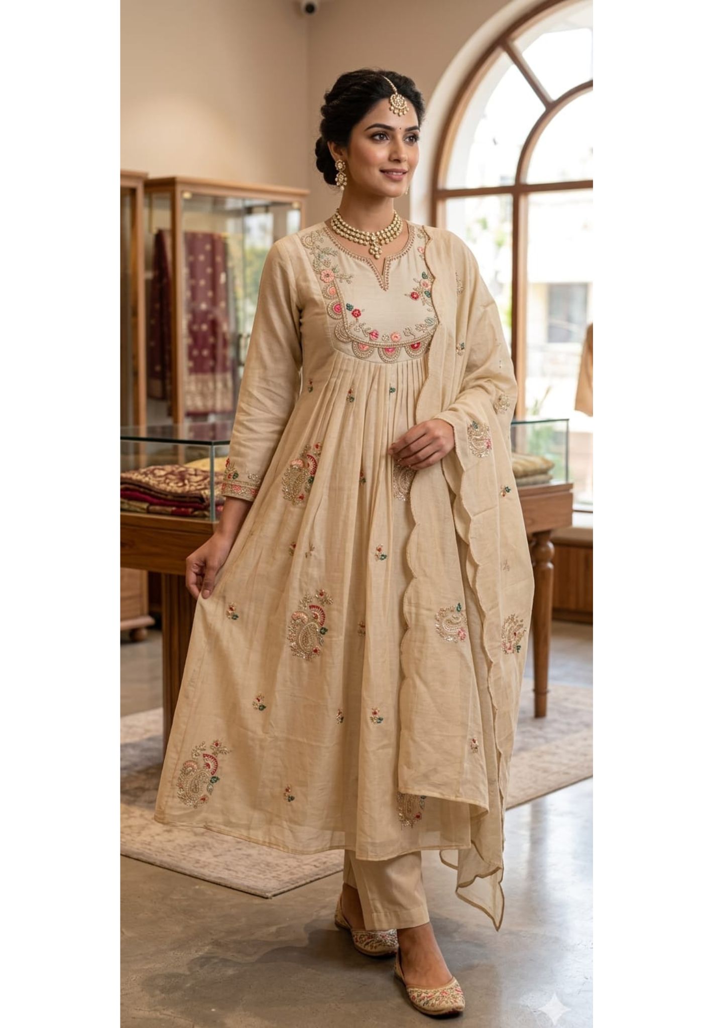 Mulchanderi Embroidered neckline and scattered floral motifs Anarkali Kurta Set with Dupatta 13860