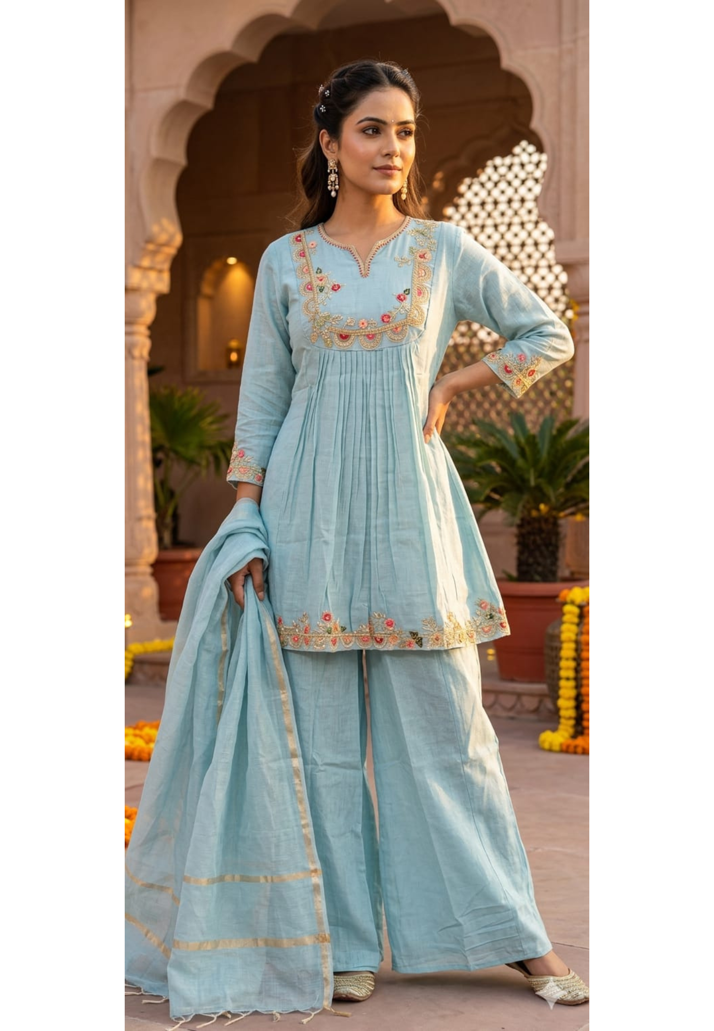 Graceful Mulchanderi Embroidered Full Set with Dupatta and Intricate Thread Work-13861