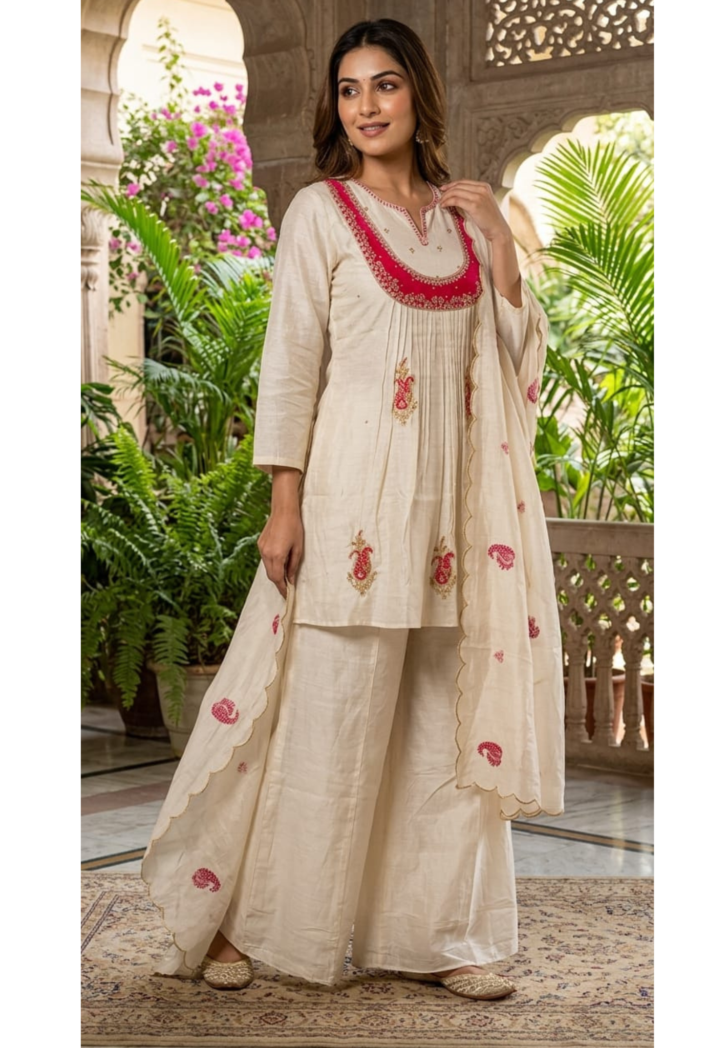 Elegant Ivory MulChanderi Peplum Style Kurta Suit Set with Hand-Embroidered Red Yoke and Festive Motifs-13858