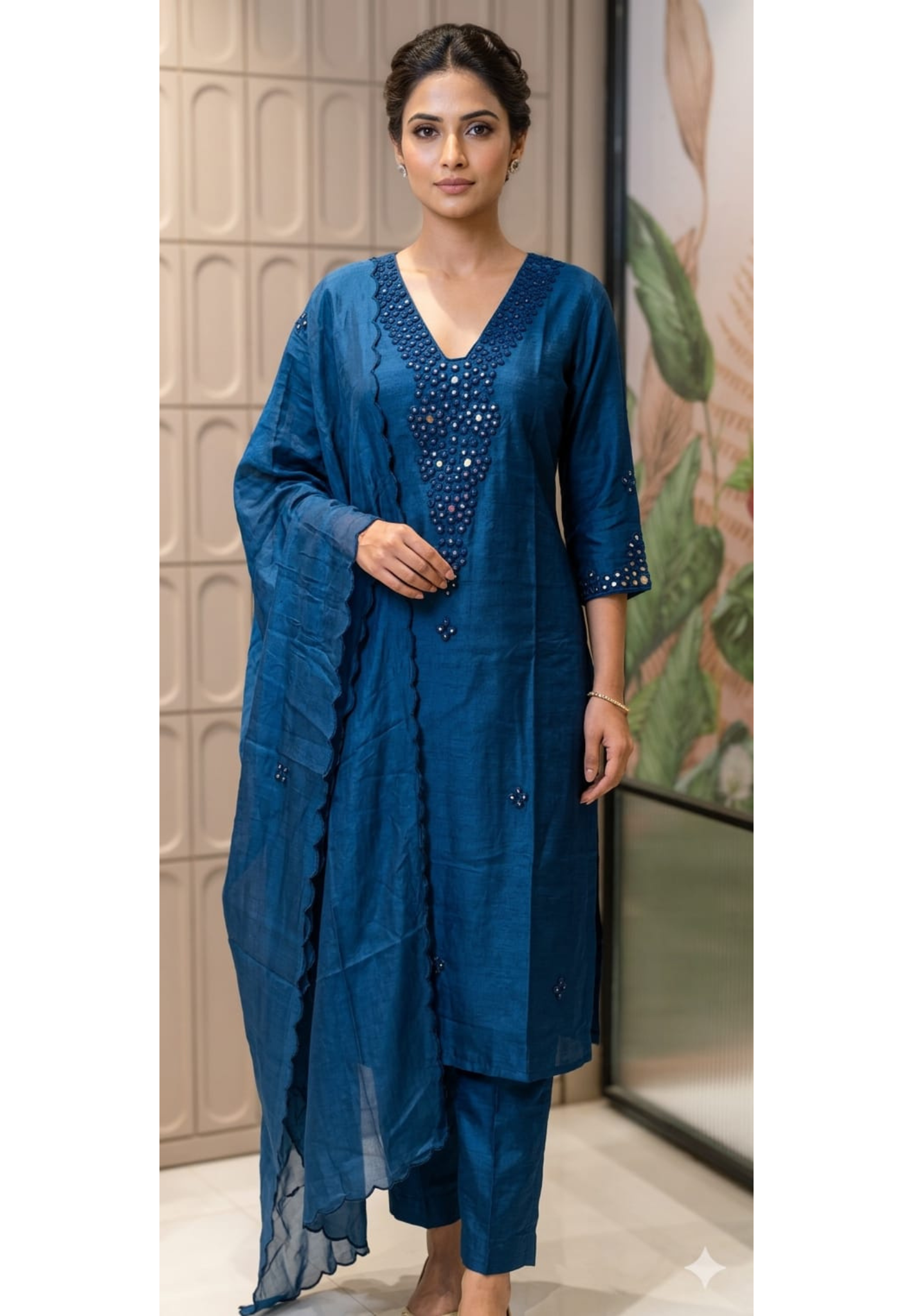 Royal Solid Shade  Dola Silk  Mirror Embroidered Aline Full Suit  Set 13807