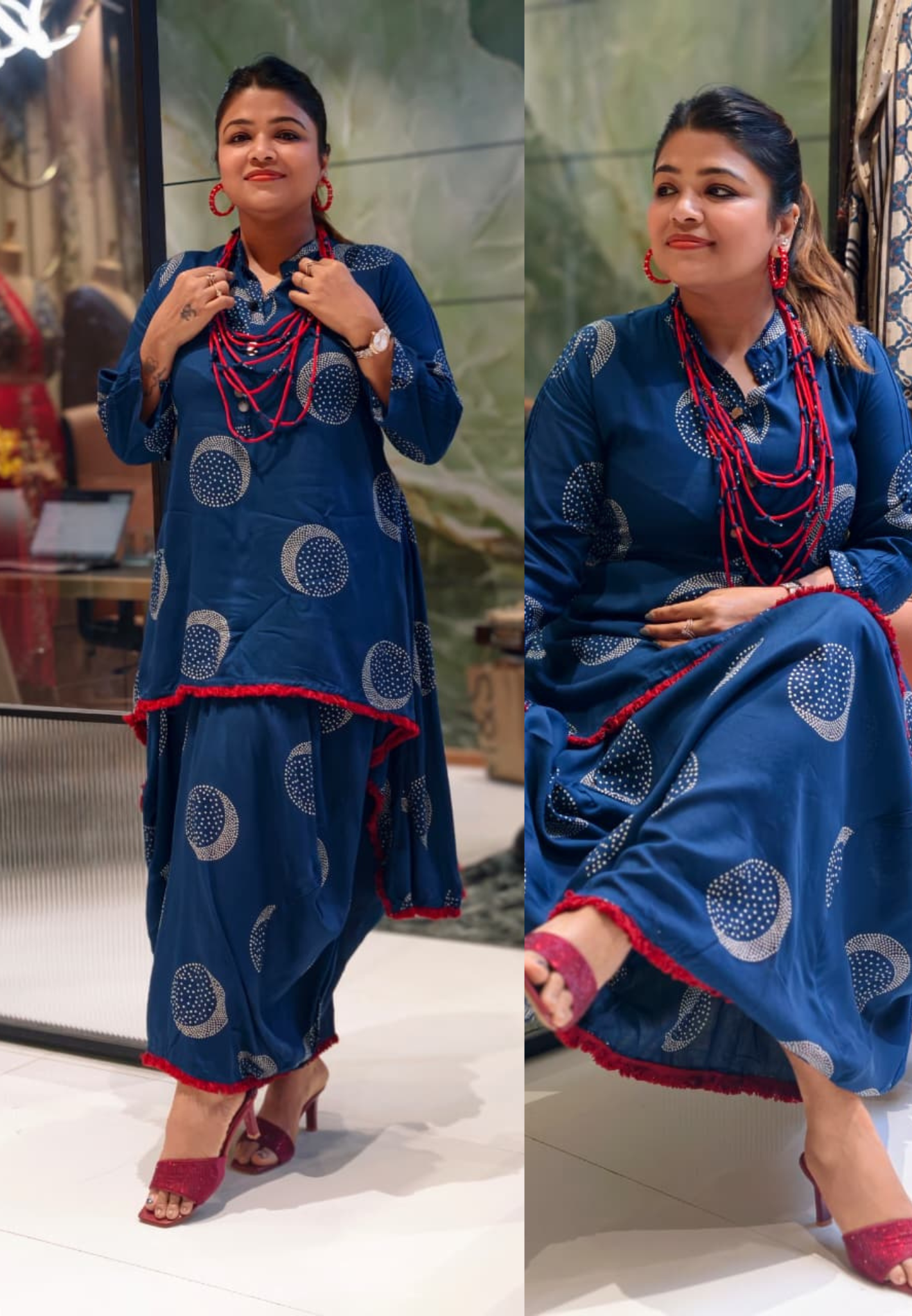 Boho Chic Co-ord-Indo-Western Hi-Low Frock with Cowl style attached & Statement Neck piece slub cotton fabric-13888 (On Orders Dispatching will be After 15 days)