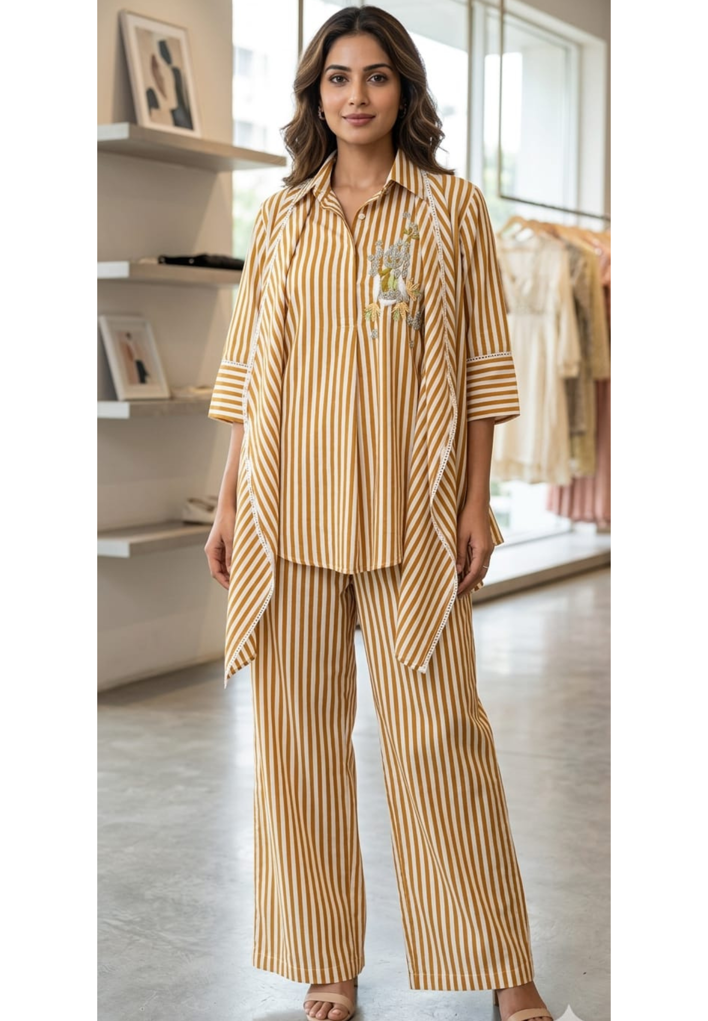 Mustard Striped Cotton Co-Ord Set with Embroidered Shirt with hi low shrug & Straight Pants-13863
