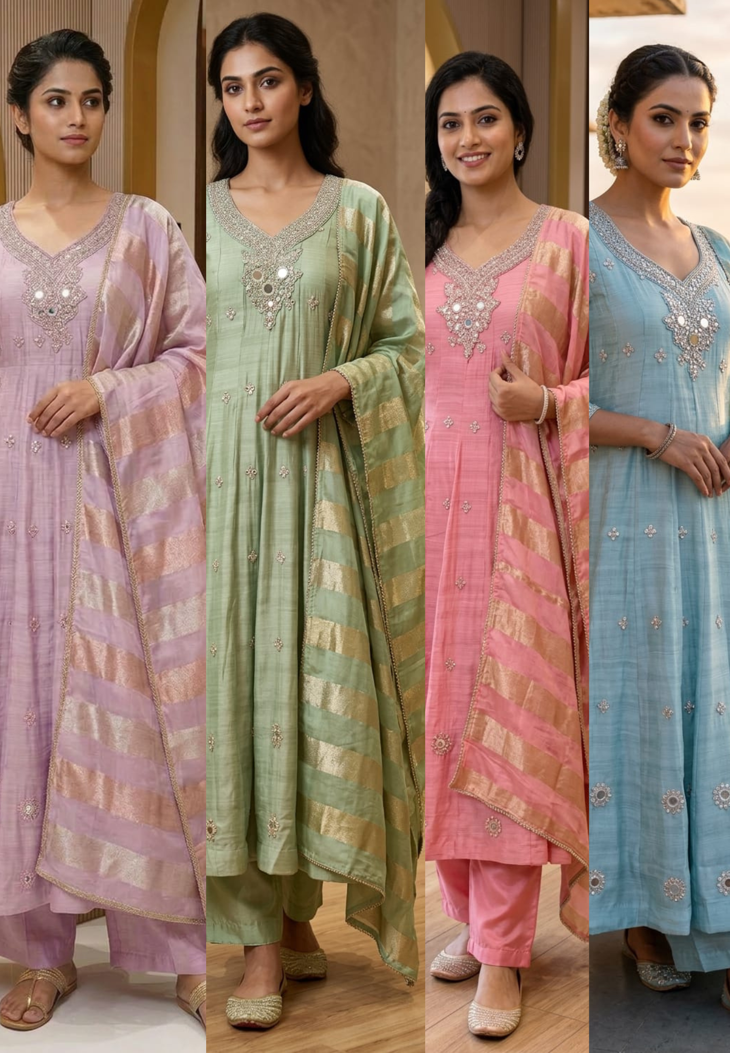 Elegant Anakarli Surat Mulchanderi A-Line Kurta Set with Mirror Embellished Neckline, Straight Pants & Banarasi Striped Dupatta-13884 RB51