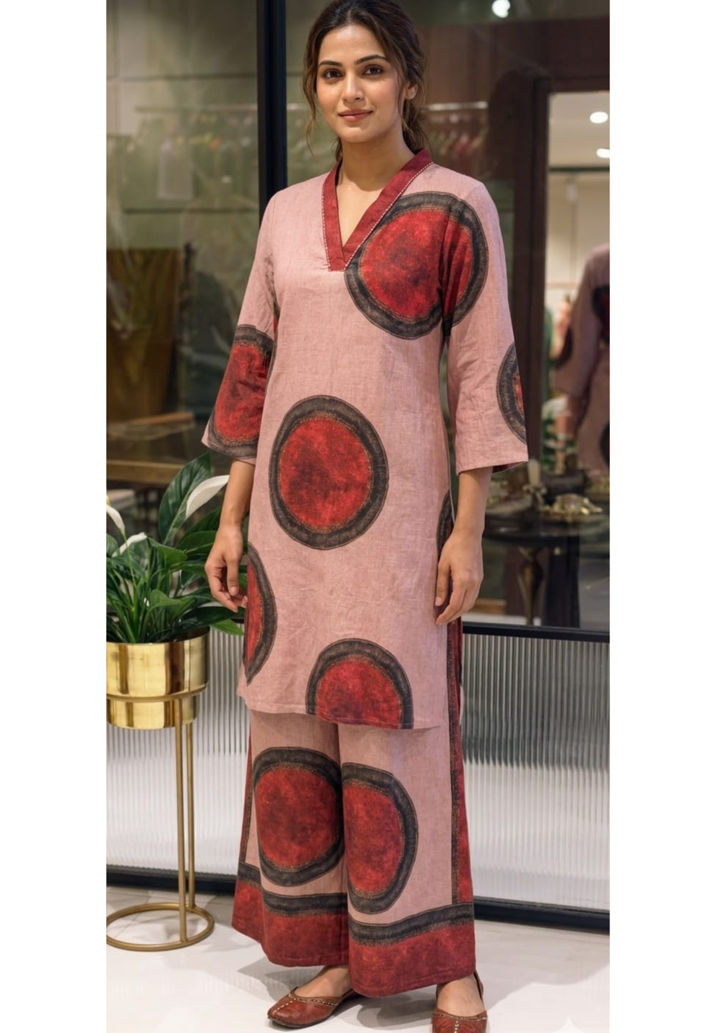 Elegant linen Cotton Printed Kurta Set with Wide-Leg Pants-13871