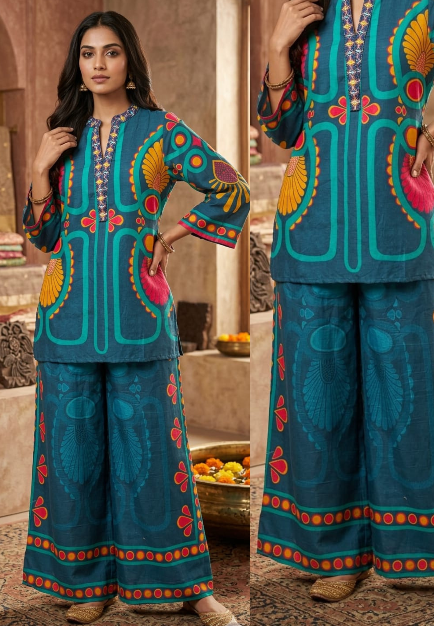 Contemporary Ethnic Two Piece Set for Women Linen Cotton Co-Ord Set with Designer Kurta Top & Wide-Leg Pants-13873