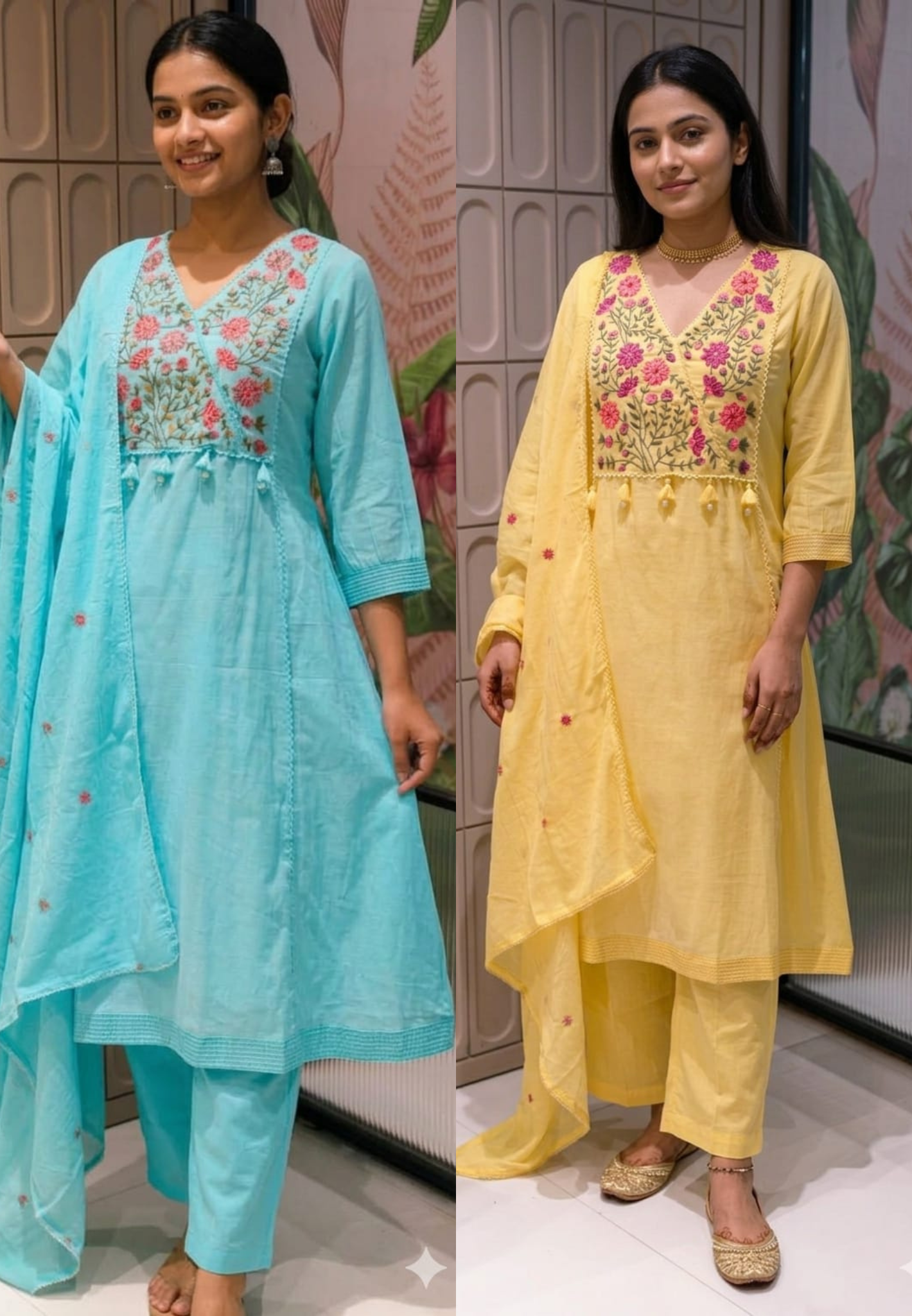 Mul Cotton A-Line Kurta Sets with Embroidered Yoke, Straight Pants and Dupatta-13881