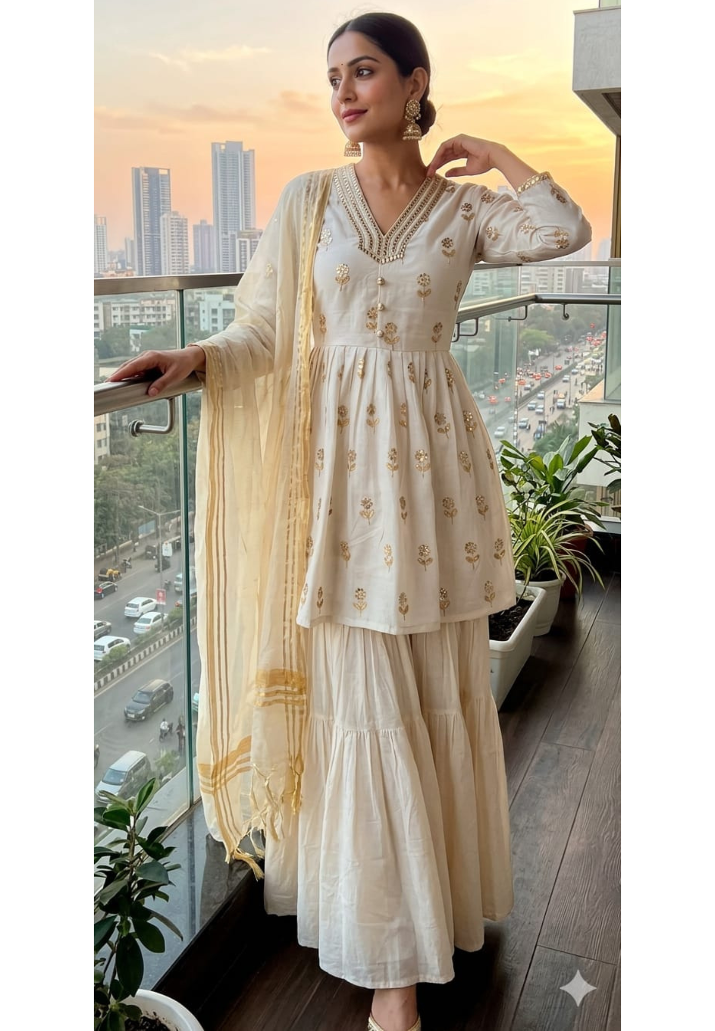 Graceful ivory Chanderi stylish V-neck Gotta Work embellishments Chanderi Kurta Set with Sharara & Dupatta-13864