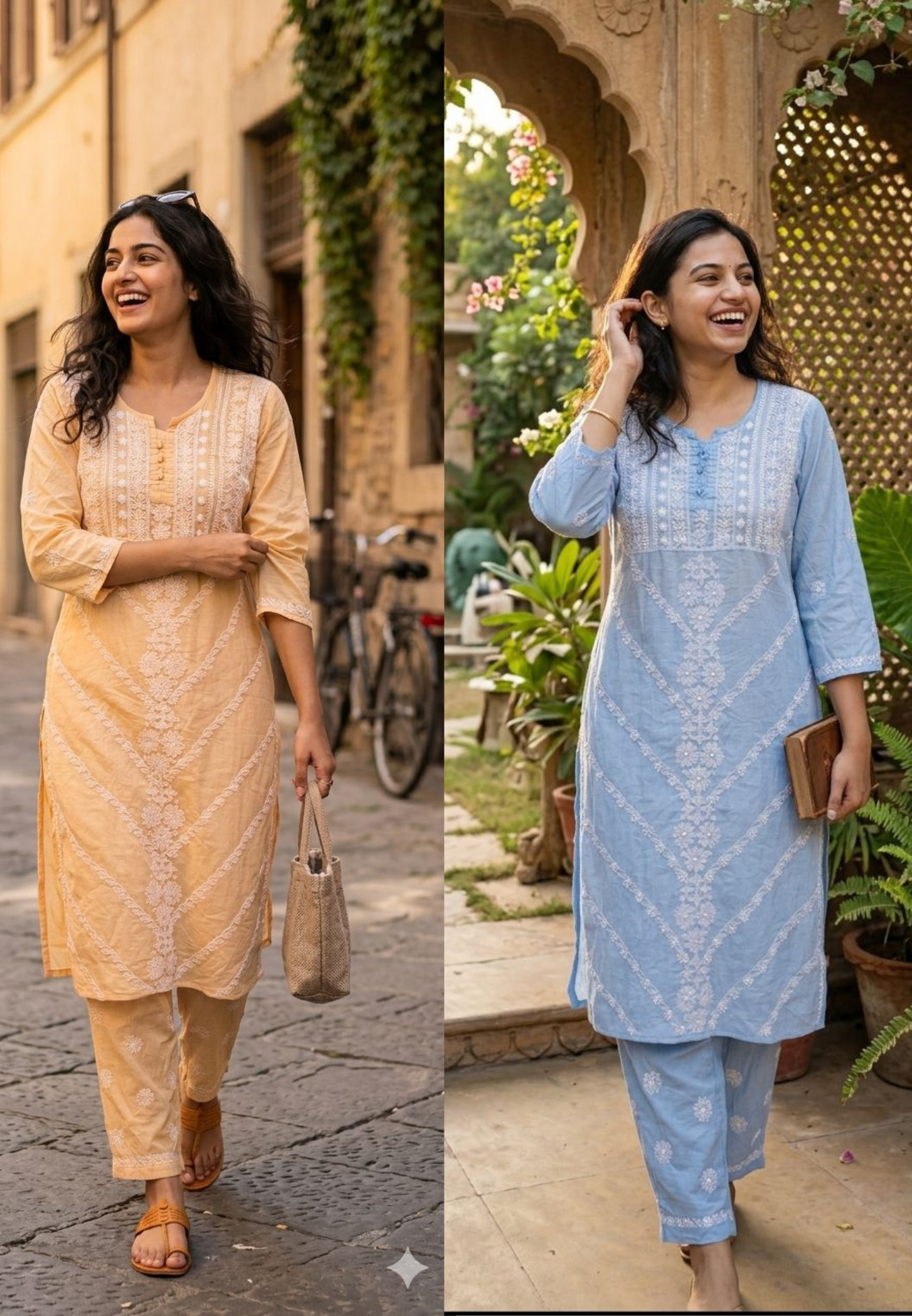 Mul Chanderi Lucknowi Style Embroidered Kurta Pant Set-13952