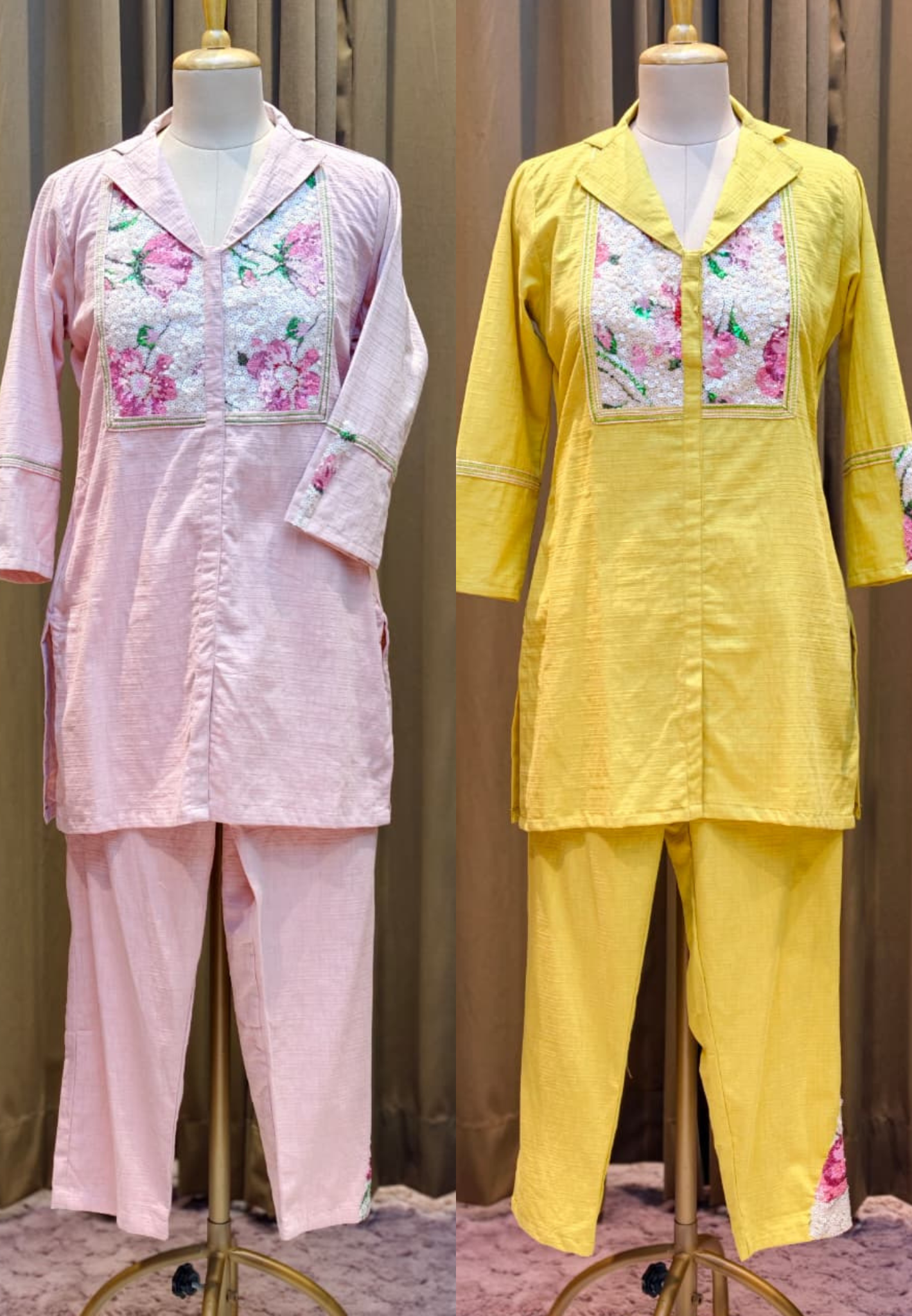 Beautiful Premium Cotton kurta pant set floral printed and embellished front panel-13932