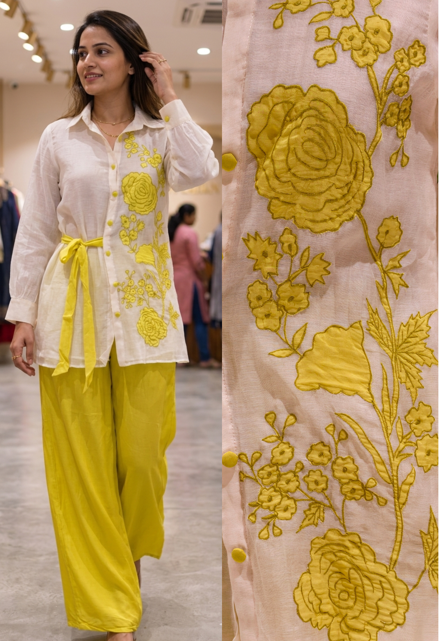 Elegant Chanderi Fabric Shirt Style Kurta Set with Yellow Floral Embroidery, Side Tie-Up Detail & Flowy Palazzo Pants-13958