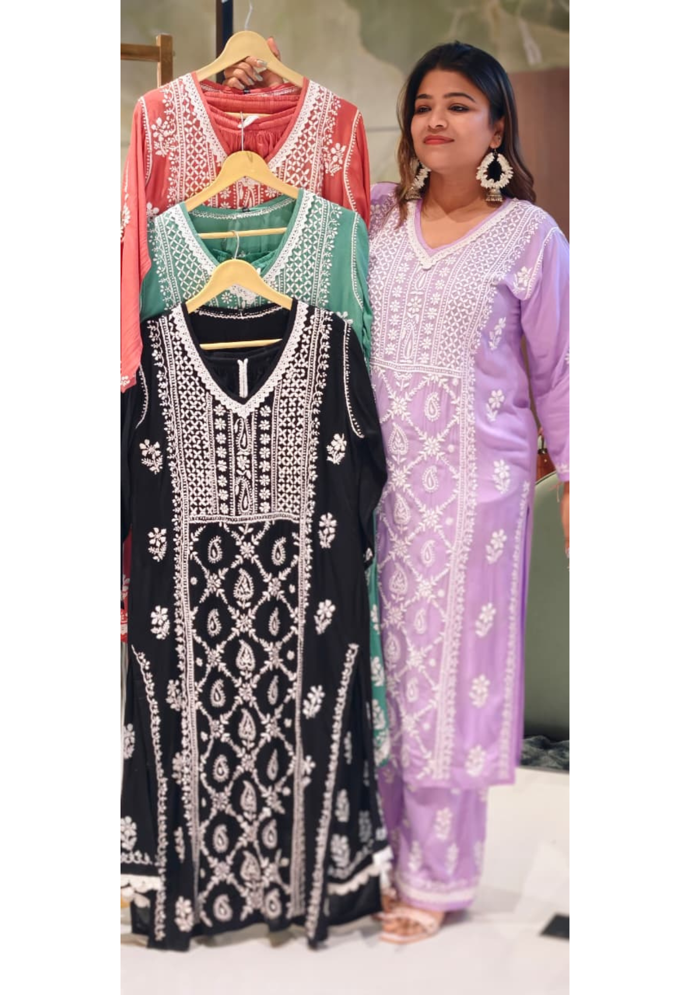 Beautiful Muslin Fabric without Lining  Lucknowi style kurta pant set with Intricate White Thread Embroidery -13947