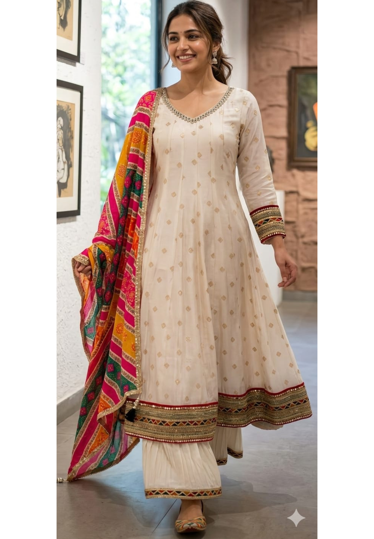 Graceful Ivory Anarkali Kurta Set with Multicolor Bandhani Dupatta Loose Bottom -11350