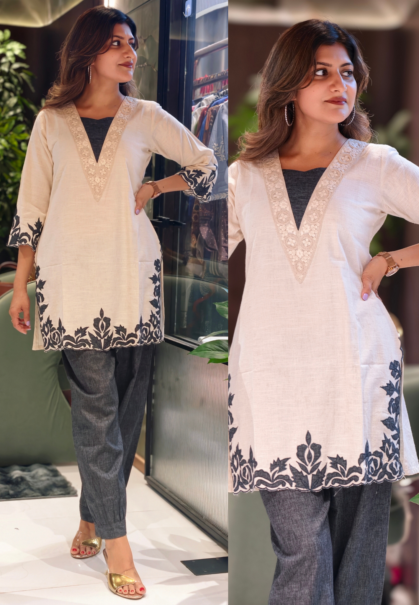 Cream V-Neck Tunic with Contrast Floral Appliqué and Charcoal Linen-Finish Pant-13767