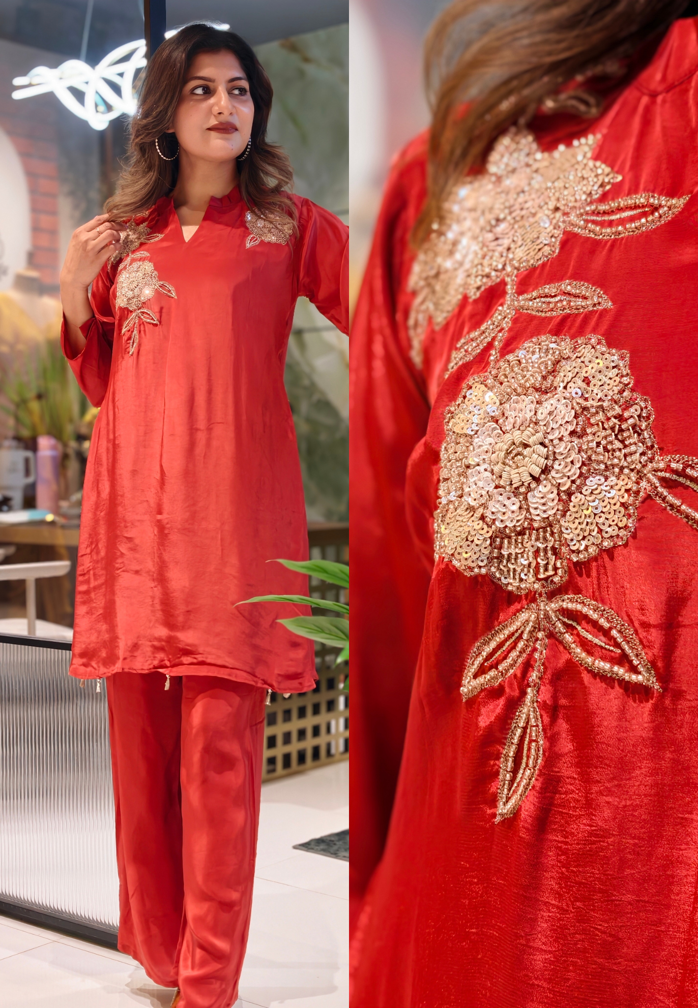 Hand-Embroidered Floral Motif Crepe Top & Straight-Fit Bottom Set 13906