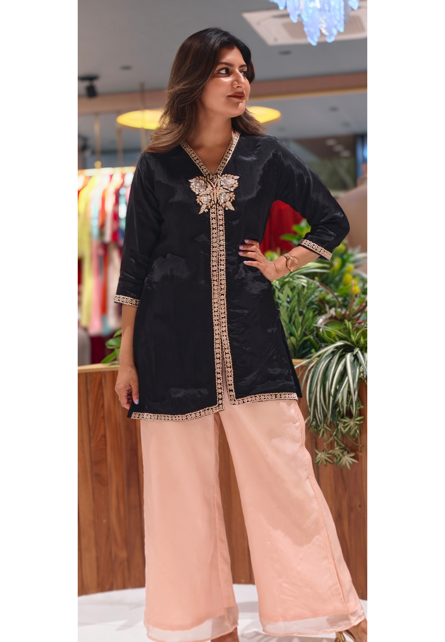 Midnight Bloom Hand-Embroidered Butterfly Tunic & Pale Rose Palazzo Ensemble13927