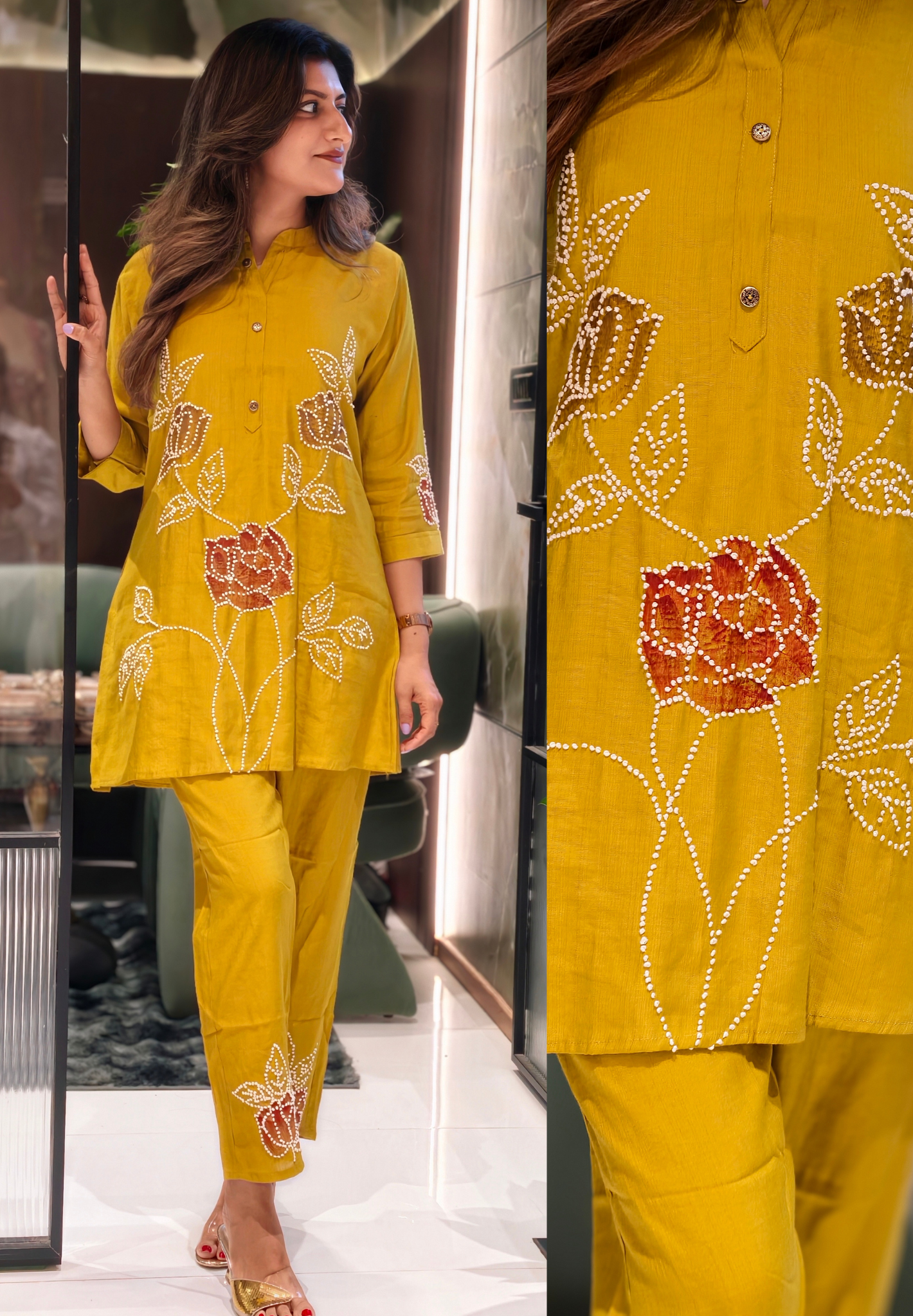 Lean Fit Mandarin Collar Tunic with 3D Floral Thread Embellishments and Matching TTapered rousers 13905