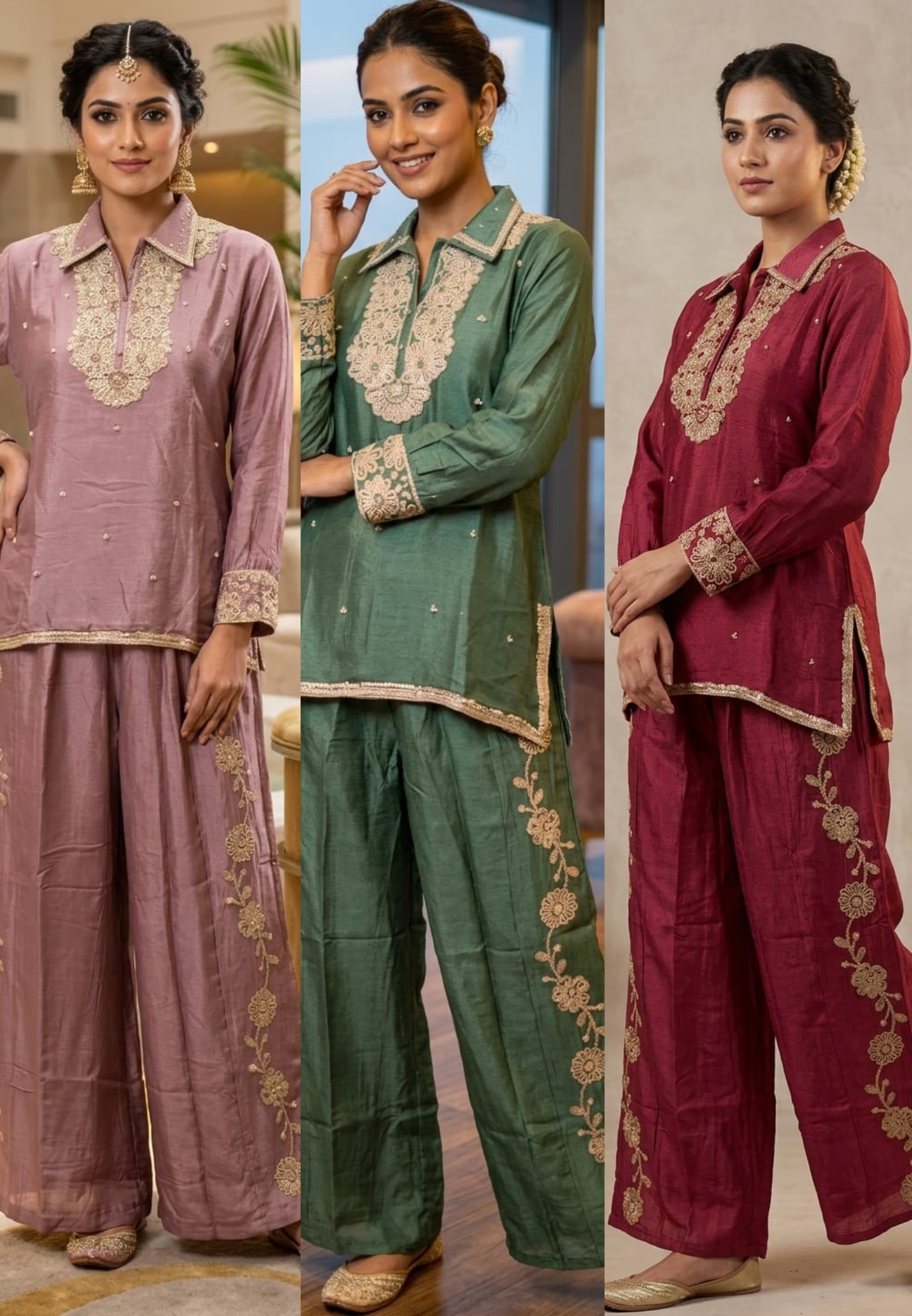 Designer Shirt Style Kurta Luxury Chinon Fabric Co-Ord Set with Intricate Embroidery 13996 RB07
