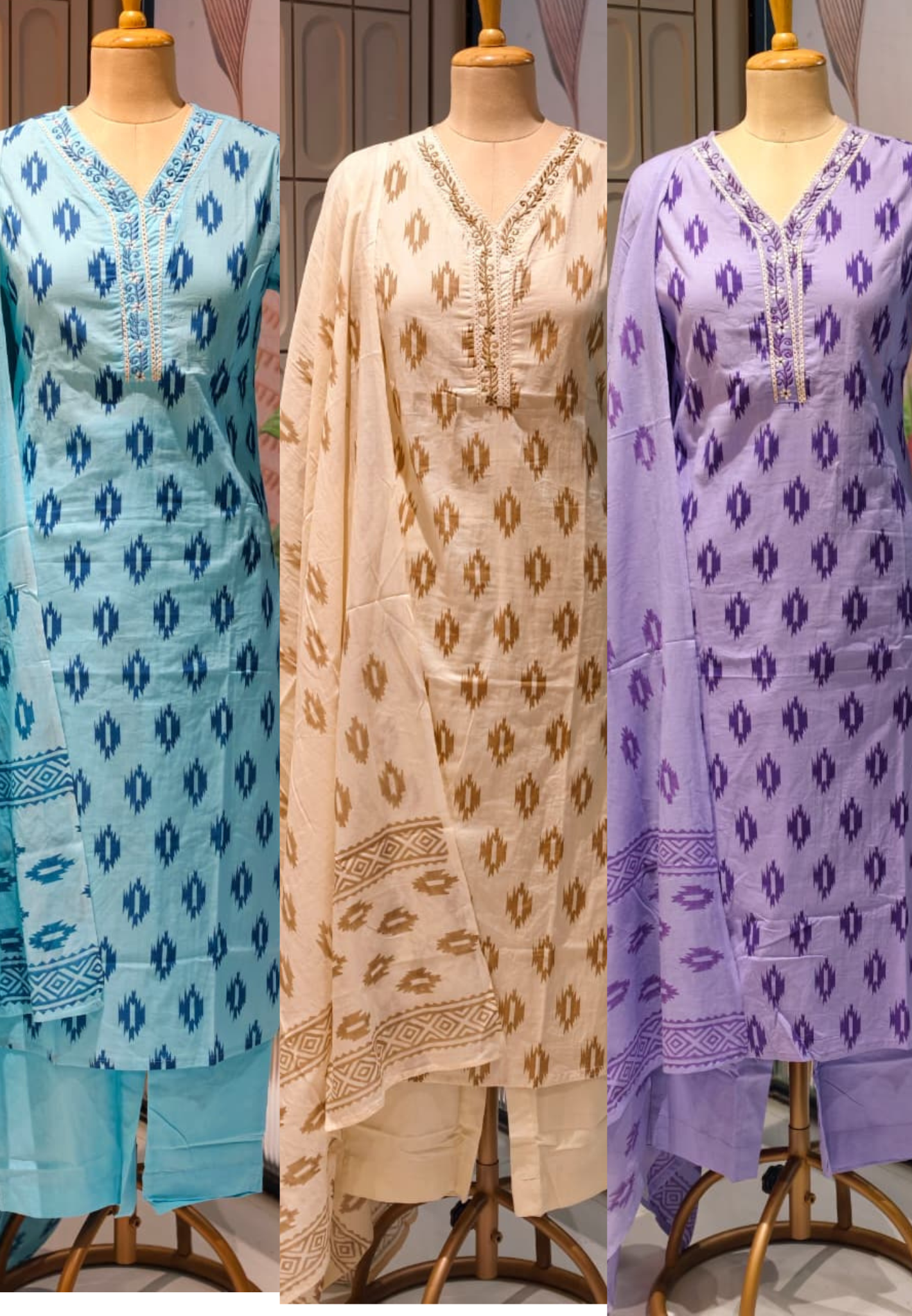 Soft Breathable Ethnic Suit with Ikat Inspired Motifs for Summer Special Cotton Full Suit Set 13965-RB15