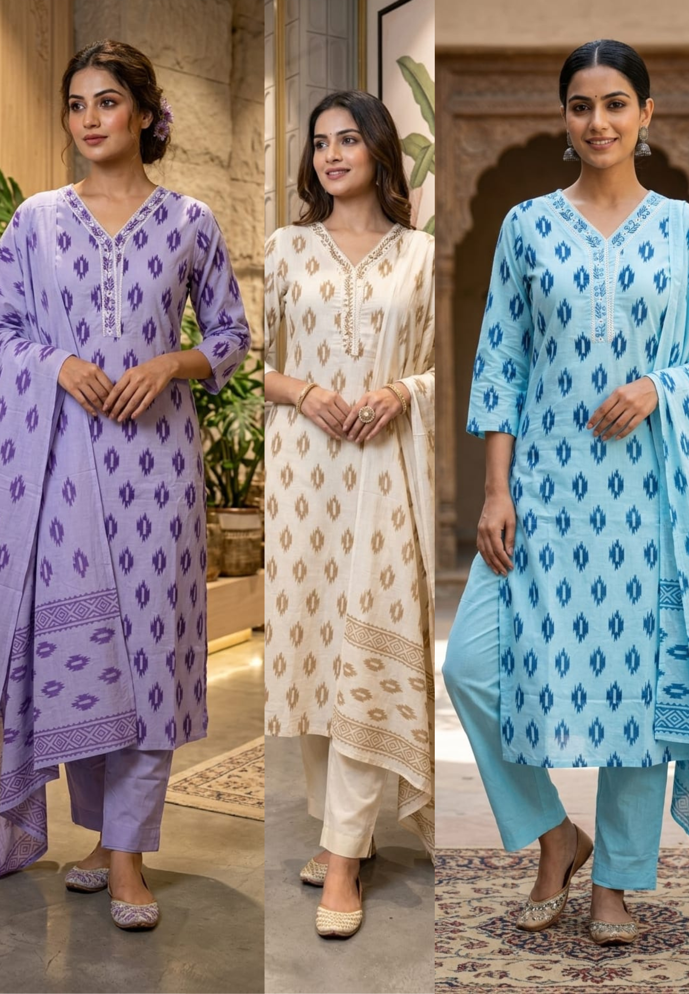 Soft Breathable Ethnic Suit with Ikat Inspired Motifs for Summer Special Cotton Full Suit Set 13965-RB15